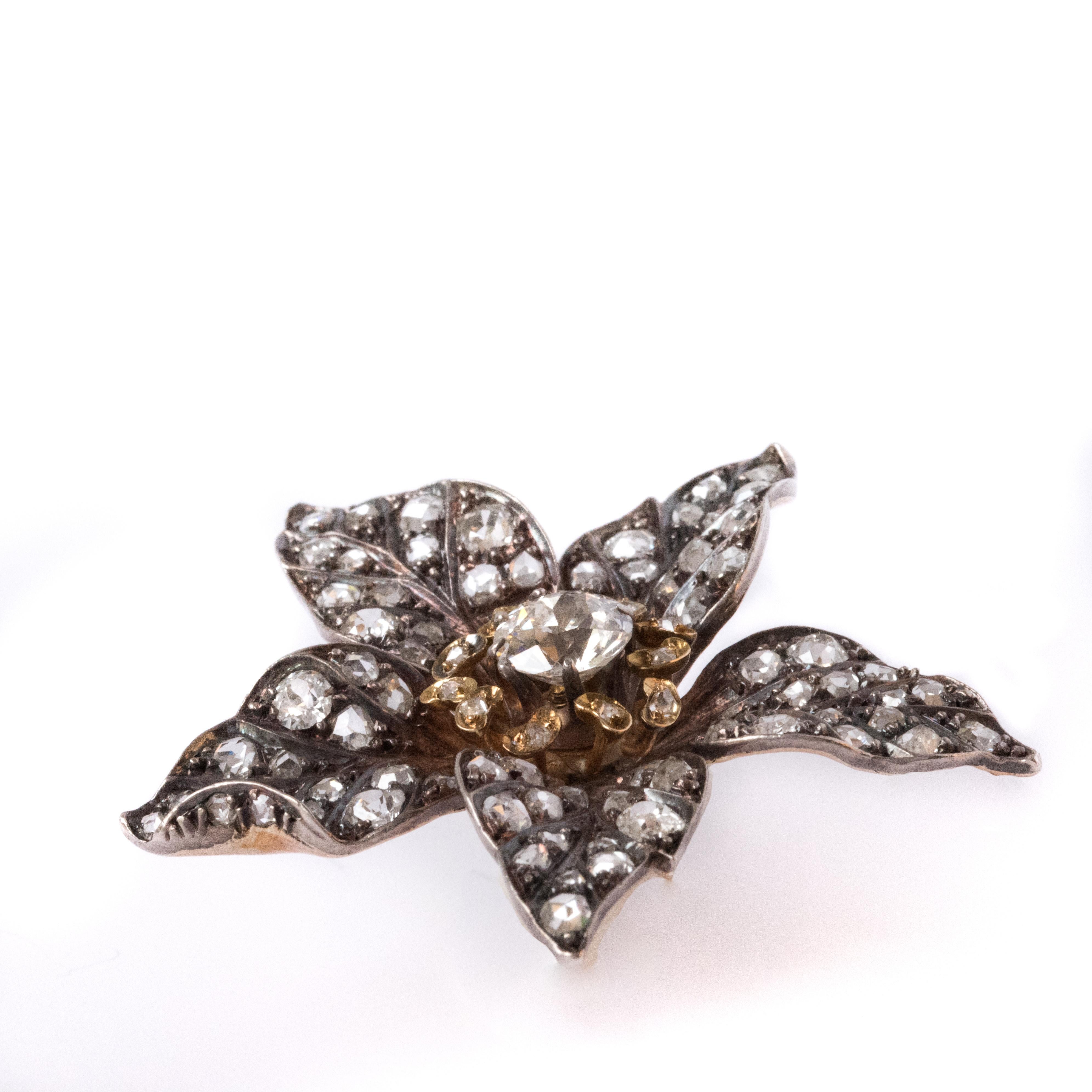 French Antique 19th Century Diamond Silver Gold Flower Pendant For Sale 6
