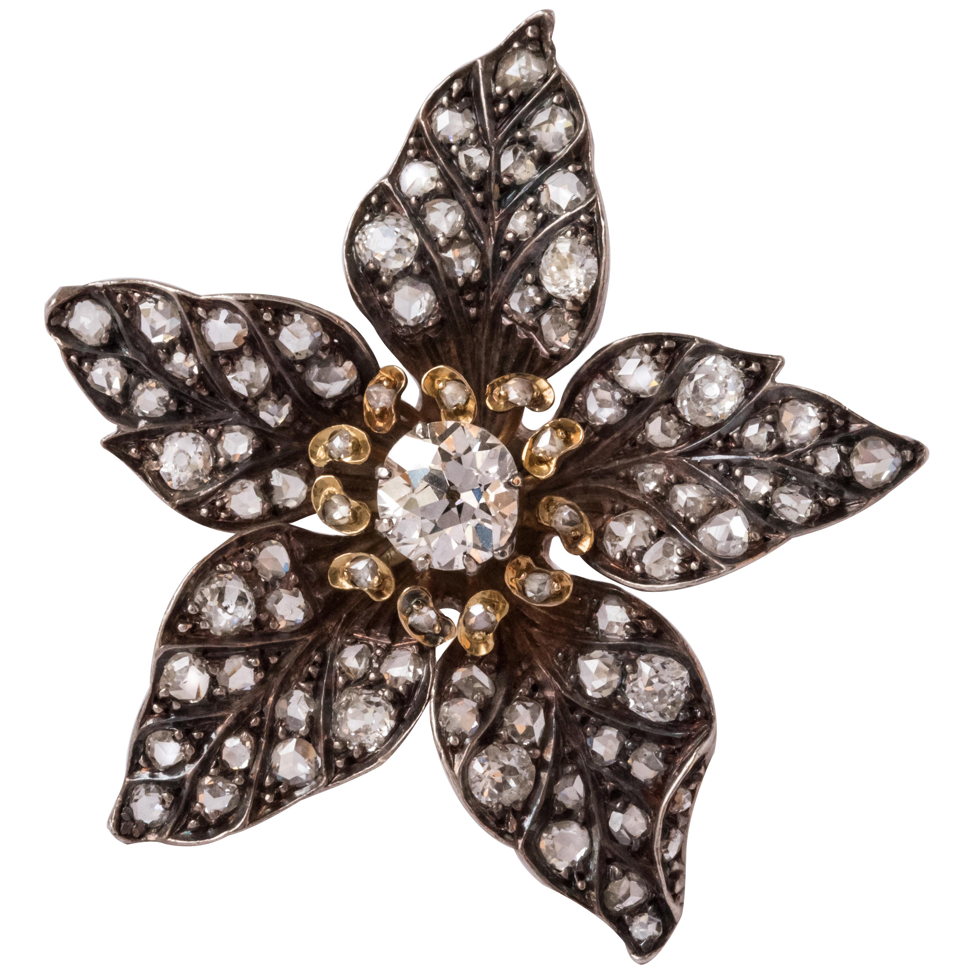 French Antique 19th Century Diamond Silver Gold Flower Pendant