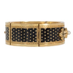 French Antique 19th Century Gold, Black Enamel, and Pearl Buttoned Cuff Bracelet