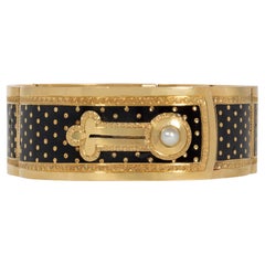 Antique French del XIX secolo Bracciale con bottoni in oro, smalto nero e perle