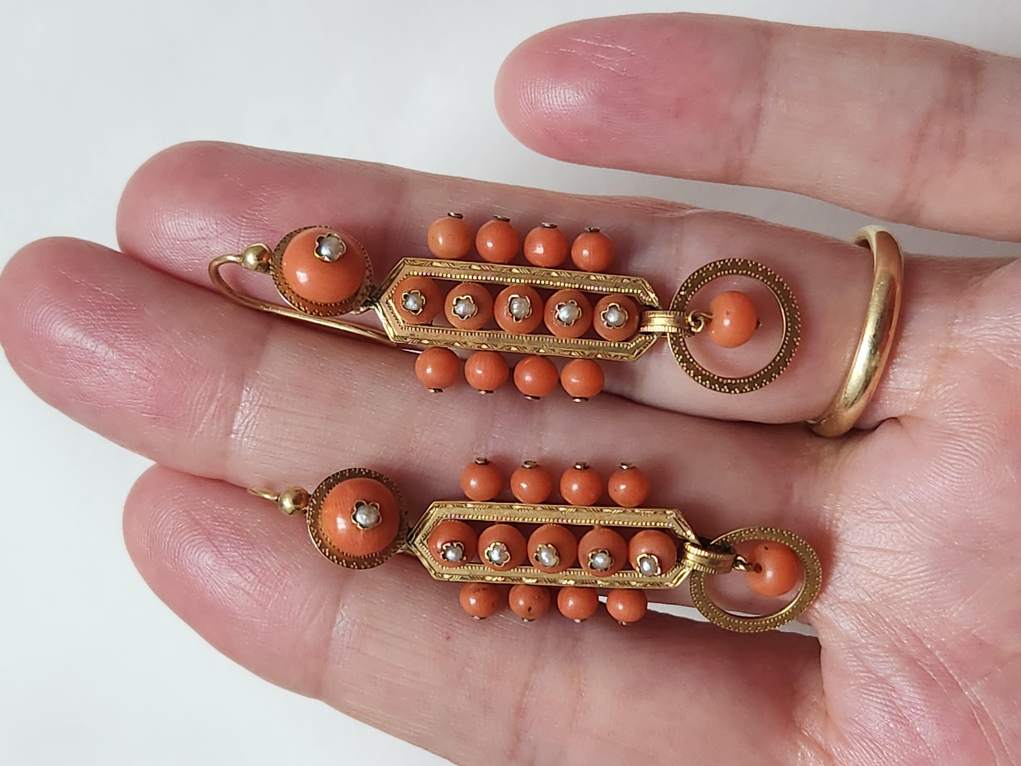 Women's Antique 19th century gold, coral and pearl dangle earrings  For Sale