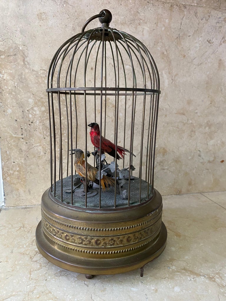 Französisch Antiker Musiker und animierter Vogelkäfig aus dem 19.  Jahrhundert, zwei '2' Vögel im Angebot bei 1stDibs