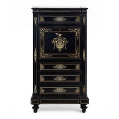 French Antique 19th Century Napoleon III Ebonized Inlaid Secretary Desk