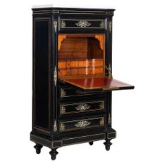 French Antique 19th Century Napoleon III Ebonized Inlaid Secretary Desk