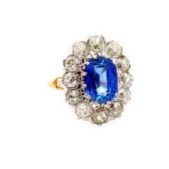French Antique 2.81 Kashmir Sapphire Diamond 14k Yellow Gold & Platinum Ring