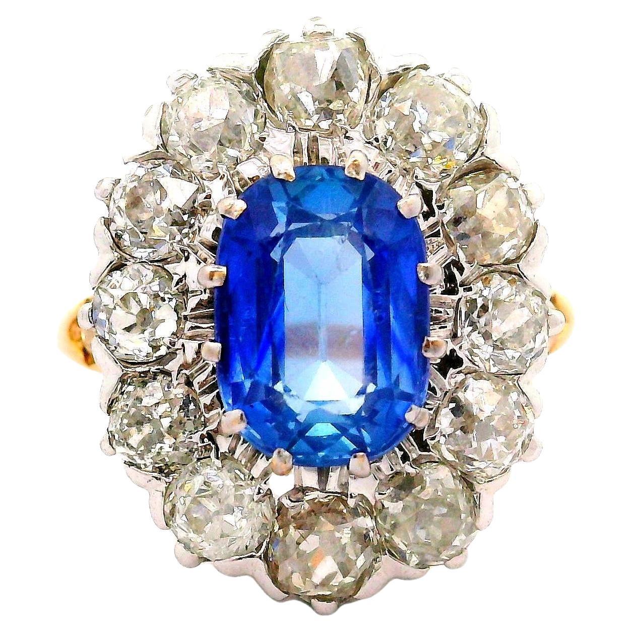 French Antique 2.81 Kashmir Sapphire Diamond 14k Yellow Gold & Platinum Ring