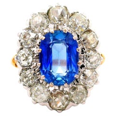 French Antique 2.81 Kashmir Sapphire Diamond 14k Yellow Gold & Platinum Ring