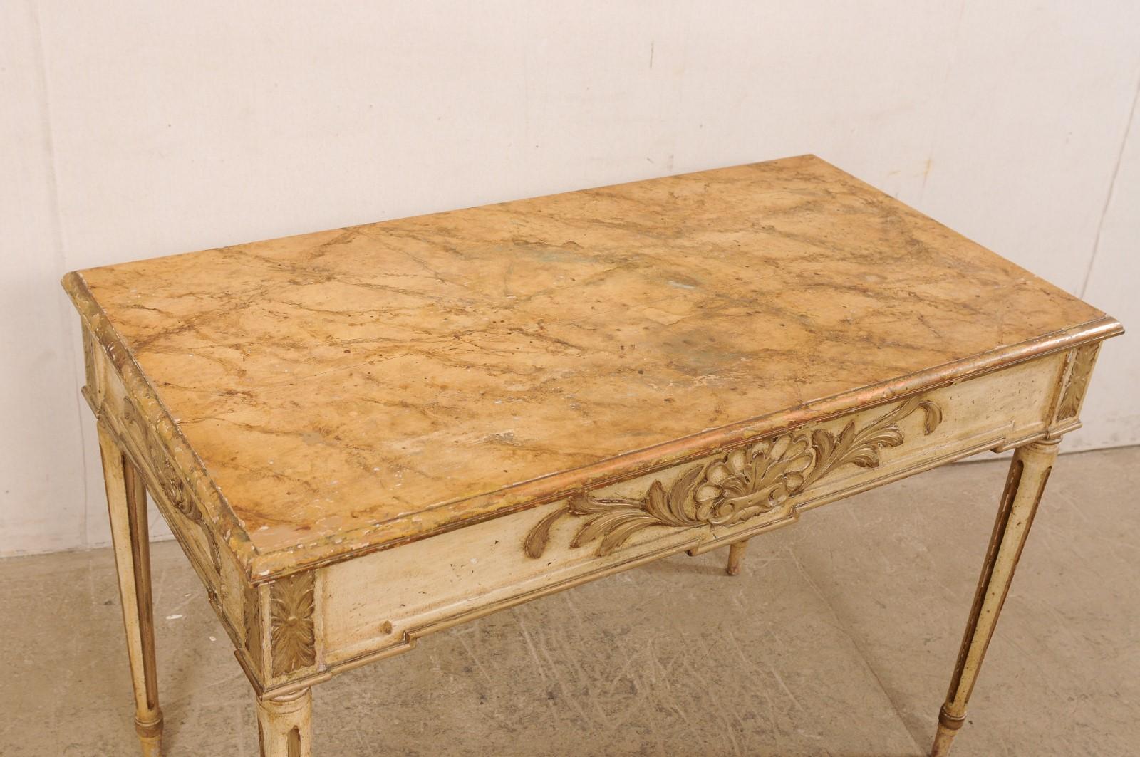 20th Century French Antique 3.5 Ft Console Table w/Orig. Paint, Floatable as All Sides Carved For Sale