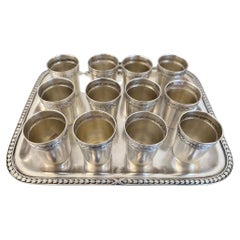 French Antique Aperitif / Shot Glass Set and Tray, Set of 13, C. 1930's