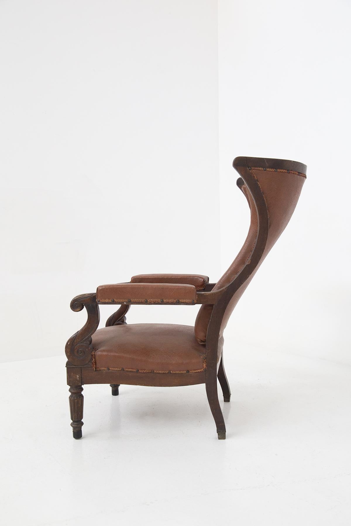 French Provincial French Antique Armchair in Original Wood and Leather For Sale