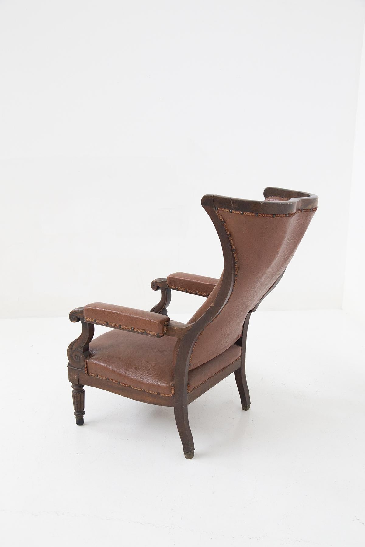 Early 19th Century French Antique Armchair in Original Wood and Leather For Sale