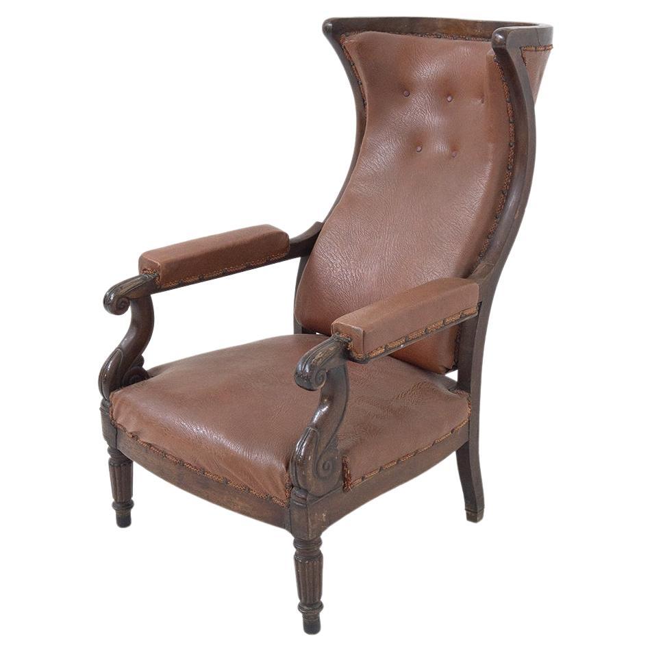 Fauteuil français ancien en bois et cuir d'origine