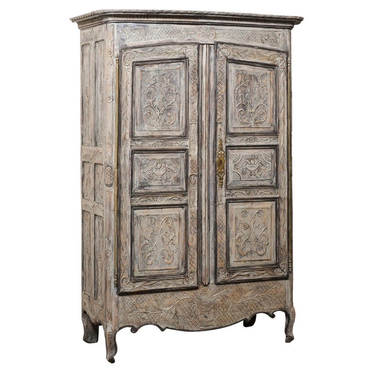 French Antique Armoire Cabinet w/Beautifully-Carved Neoclassical Embellishments For Sale