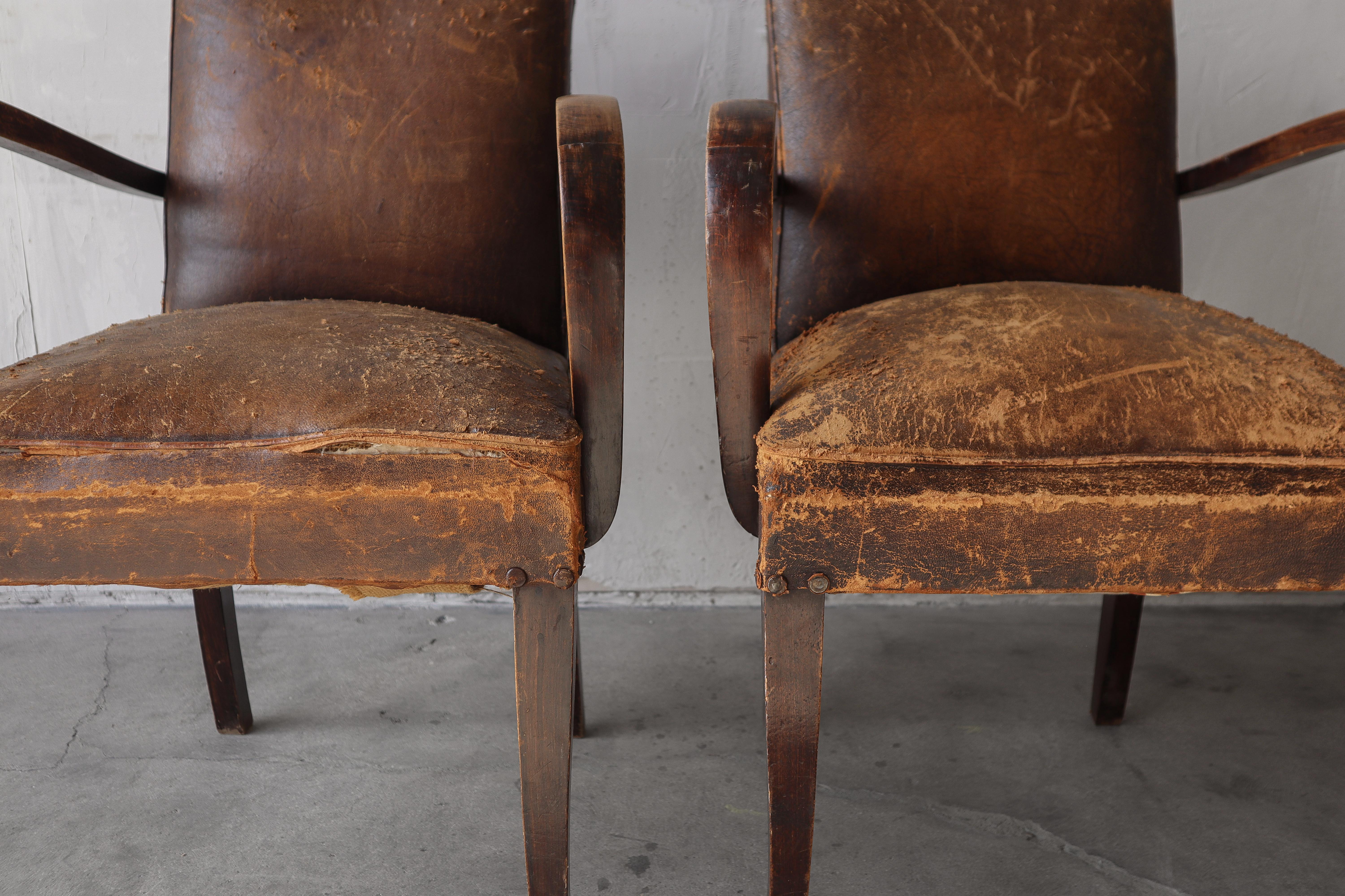 French Antique Art Deco Leather Bridge Arm Chairs - 6 Available 6
