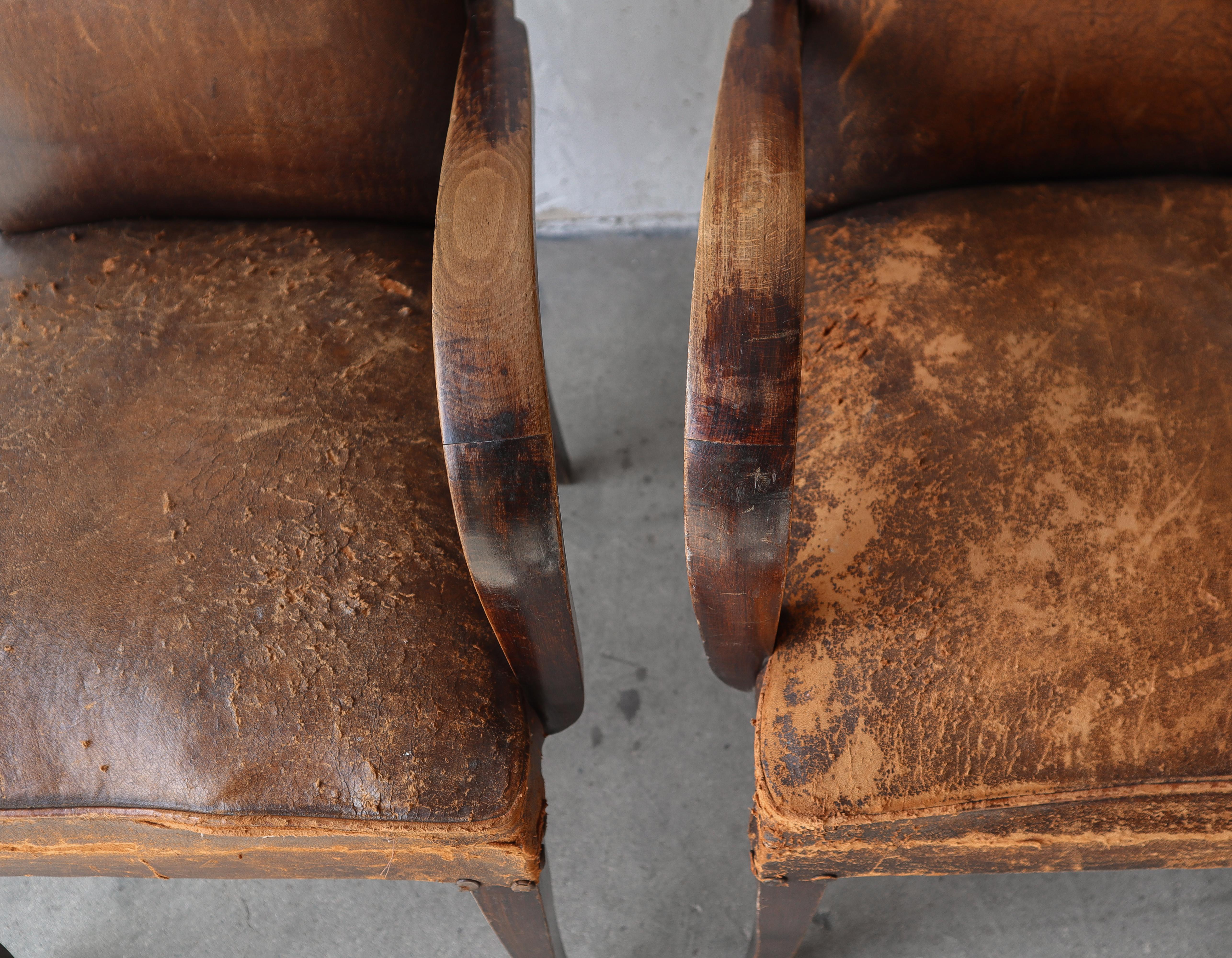 French Antique Art Deco Leather Bridge Arm Chairs - 6 Available 7
