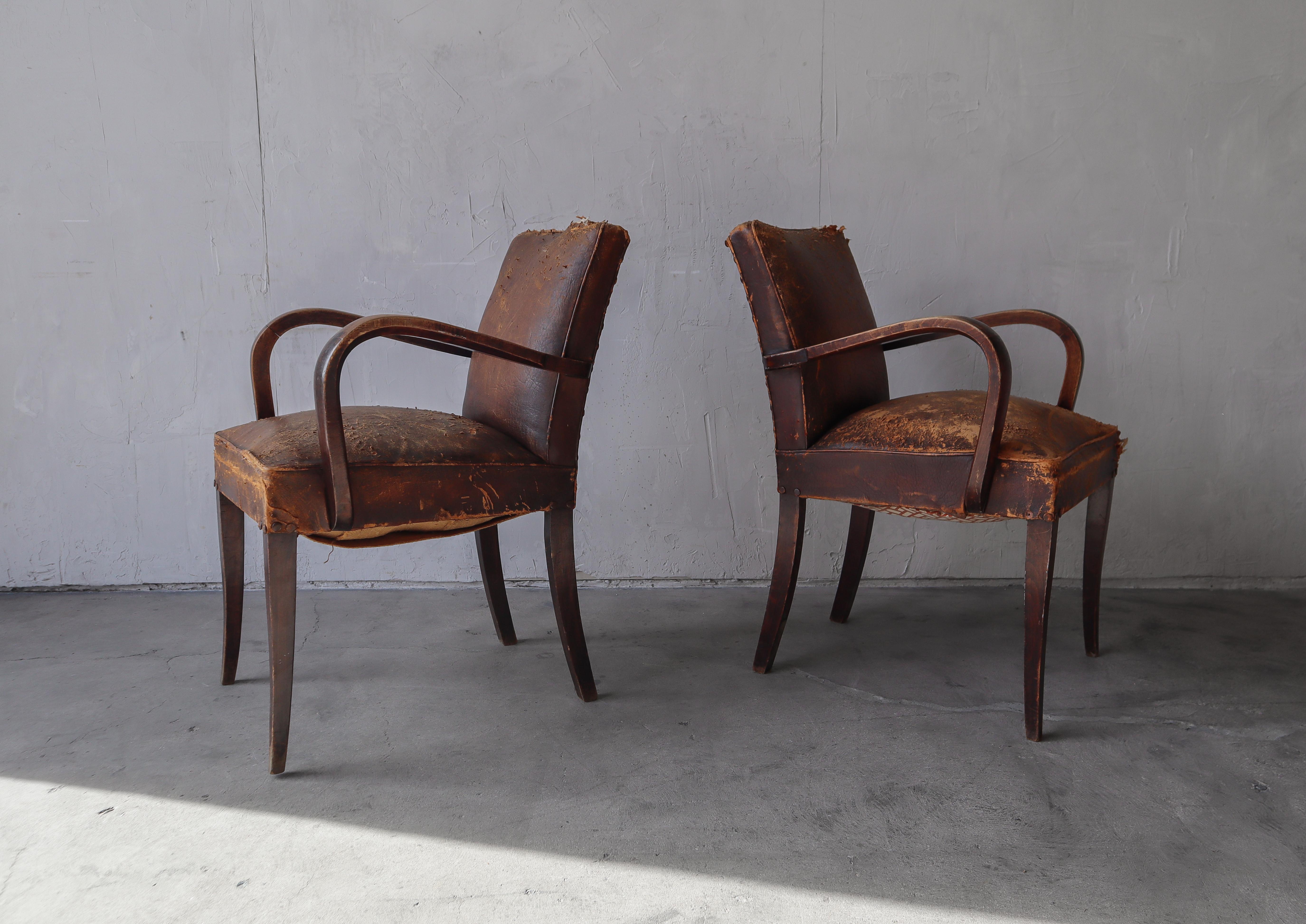 20th Century French Antique Art Deco Leather Bridge Arm Chairs - 6 Available