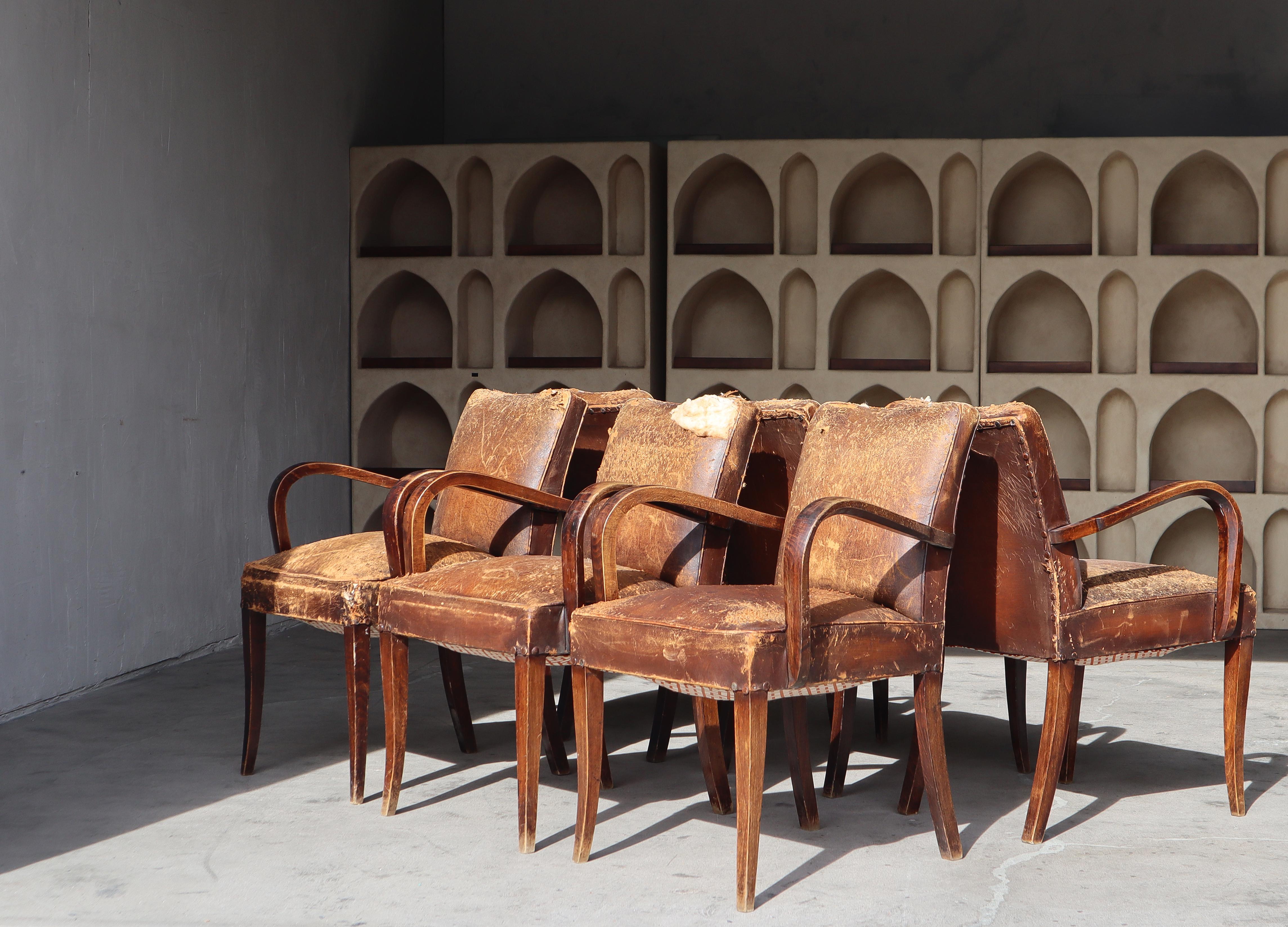 French Antique Art Deco Leather Bridge Arm Chairs - 6 Available 1