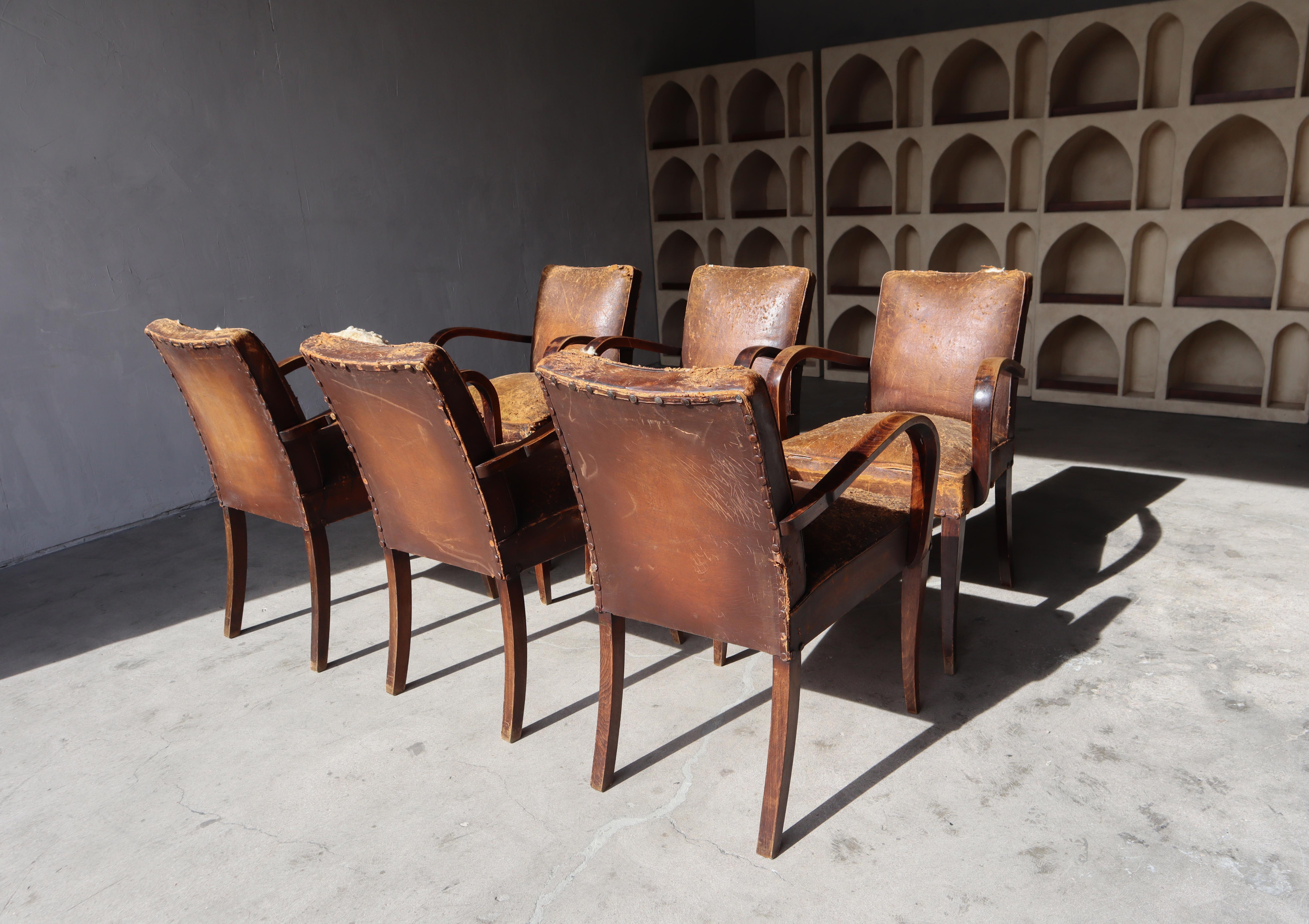 French Antique Art Deco Leather Bridge Arm Chairs - 6 Available 2