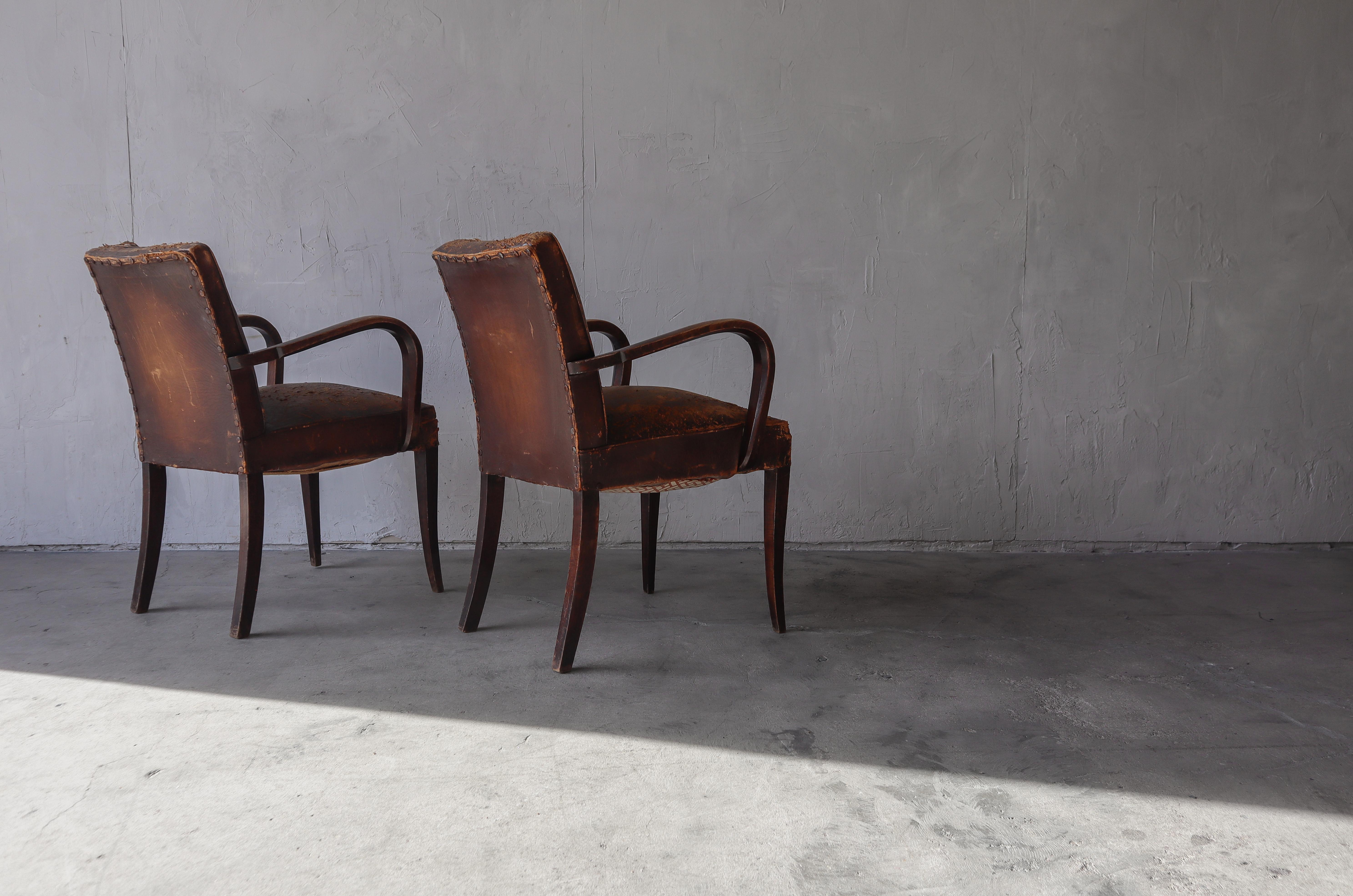 French Antique Art Deco Leather Bridge Arm Chairs - 6 Available 3