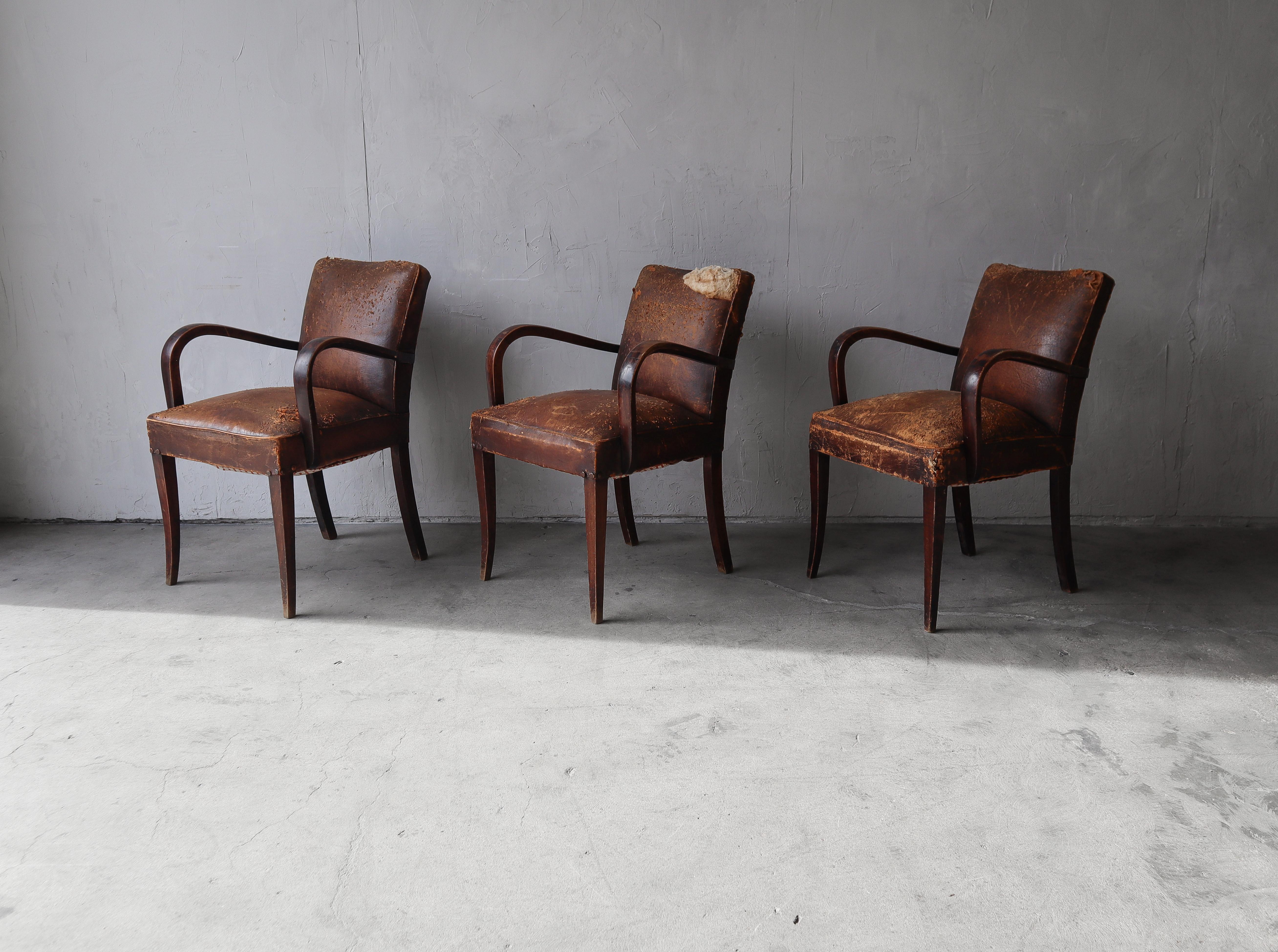 French Antique Art Deco Leather Bridge Arm Chairs - 6 Available 5