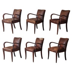 French Antique Art Deco Leather Bridge Arm Chairs - 6 Available