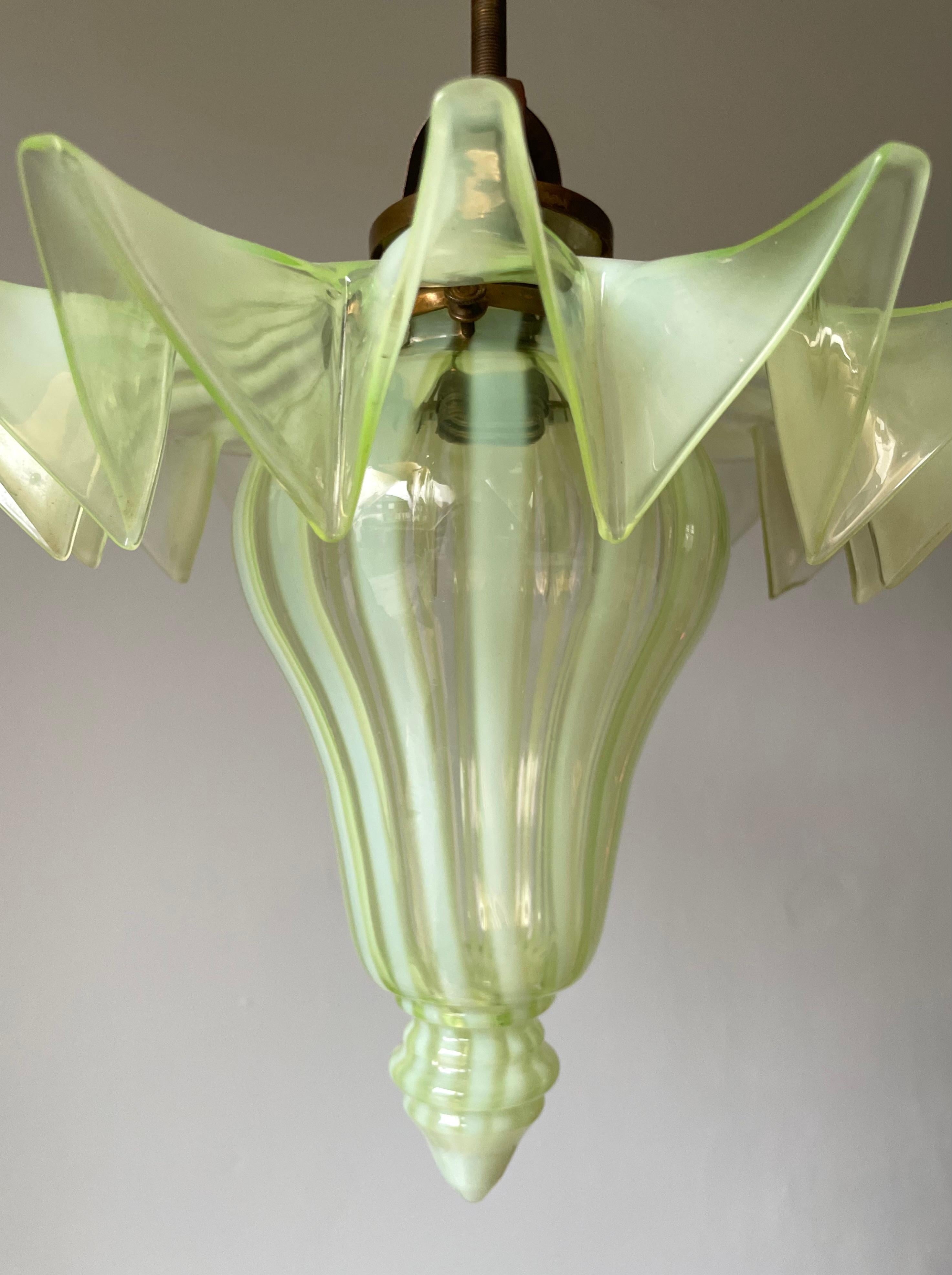 French Antique Art Deco Lime Striped Glass Pendant, circa 1910s For Sale 5