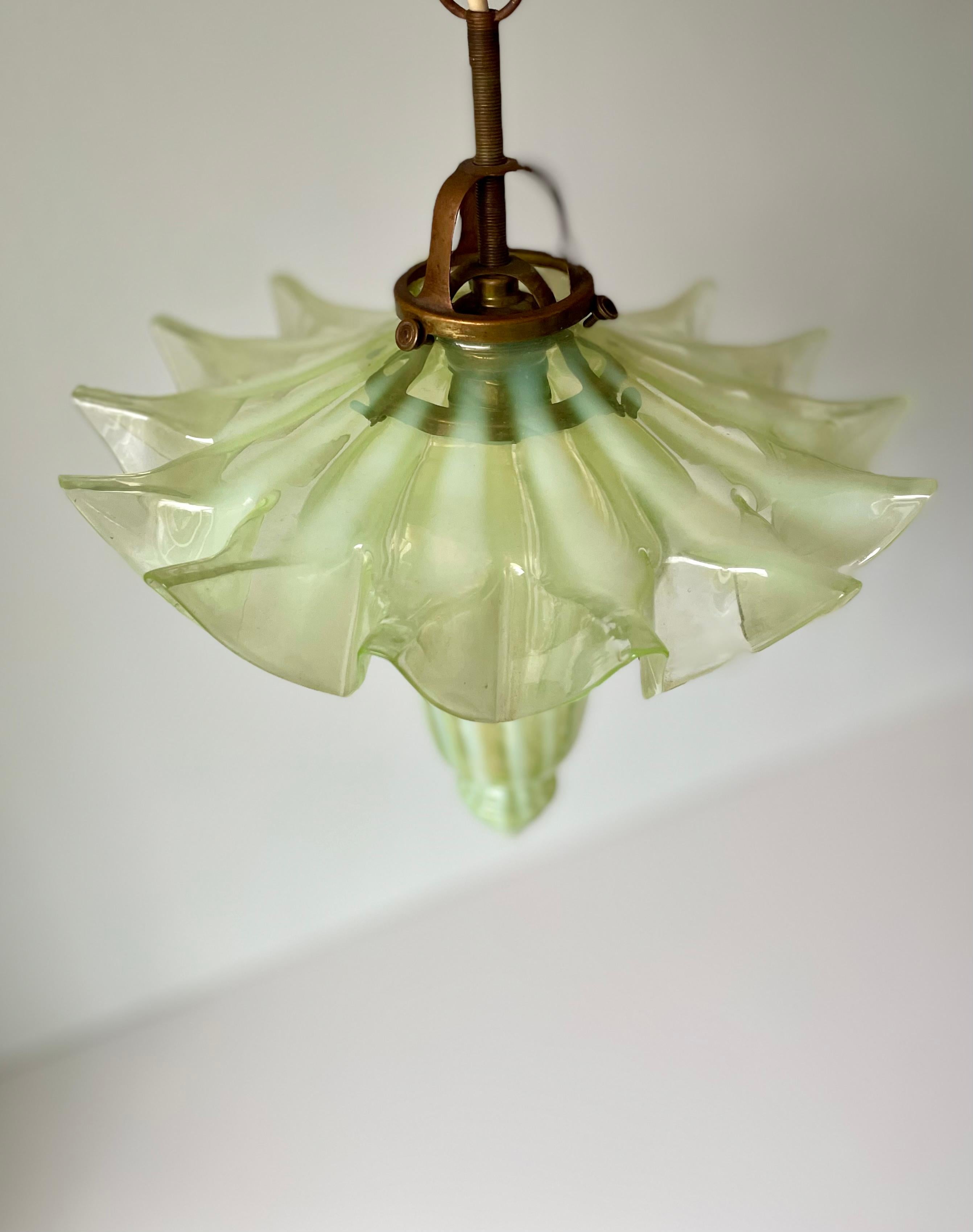 French Antique Art Deco Lime Striped Glass Pendant, circa 1910s For Sale 6