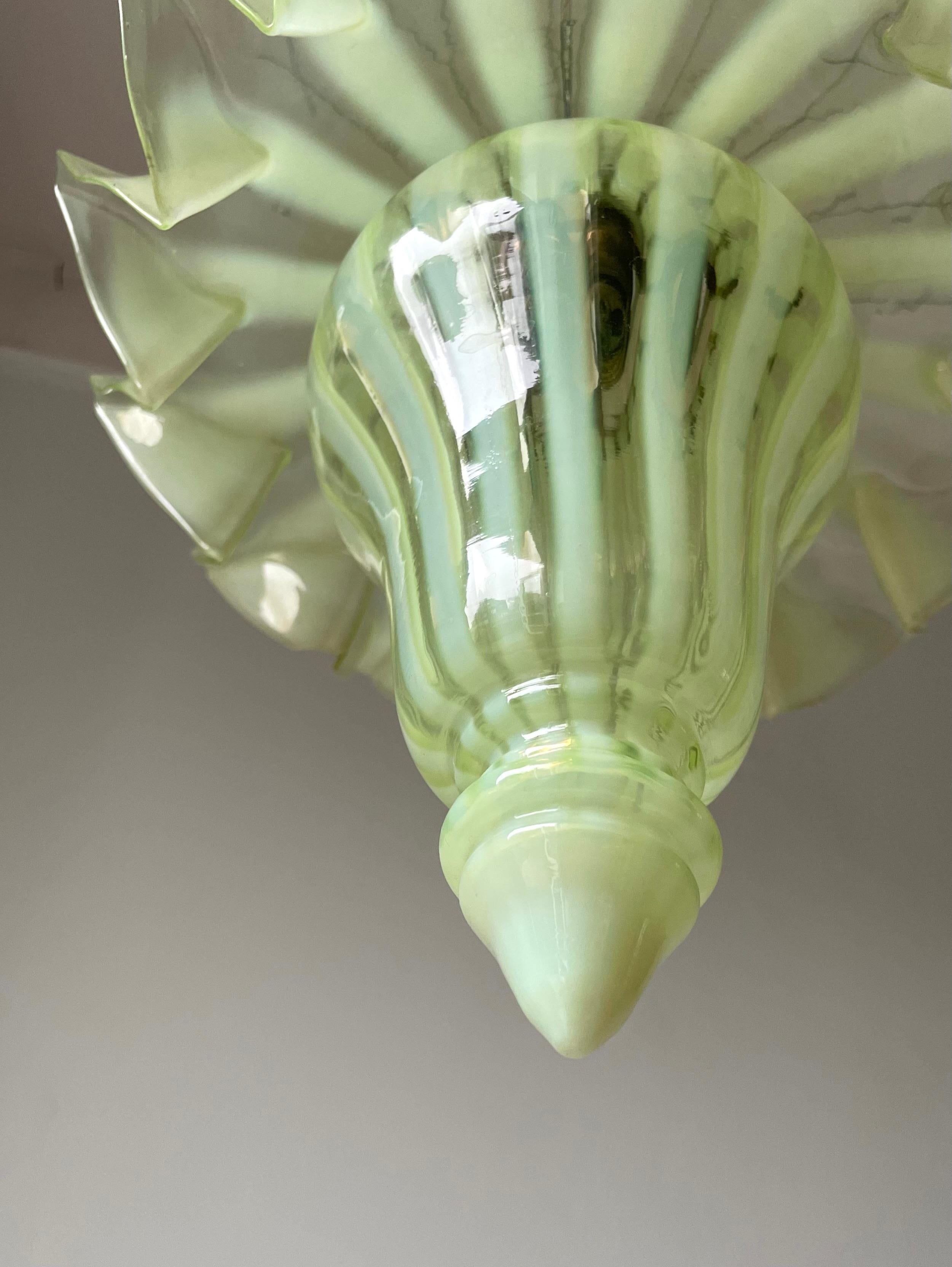 French Antique Art Deco Lime Striped Glass Pendant, circa 1910s For Sale 7