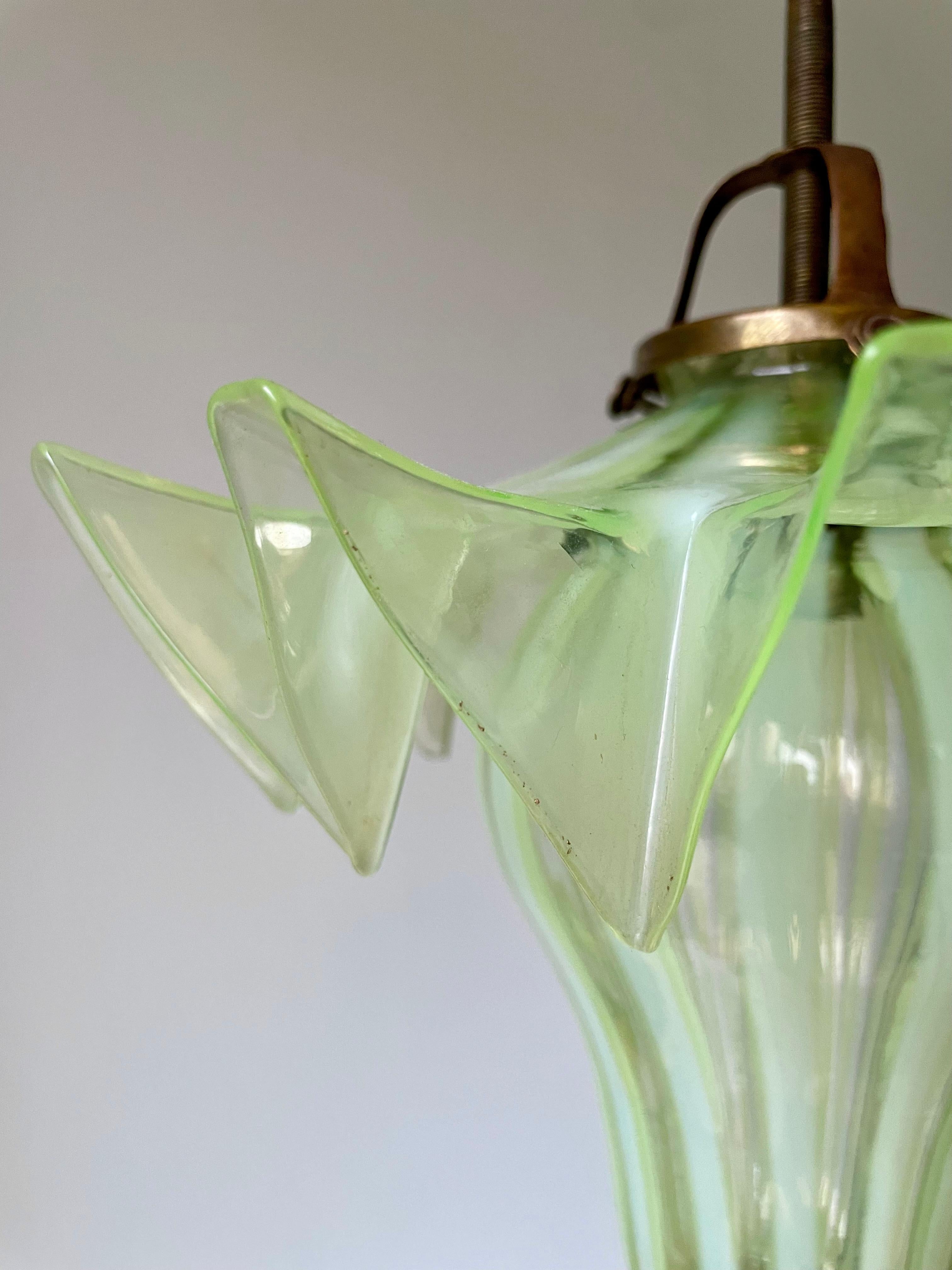 French Antique Art Deco Lime Striped Glass Pendant, circa 1910s For Sale 3