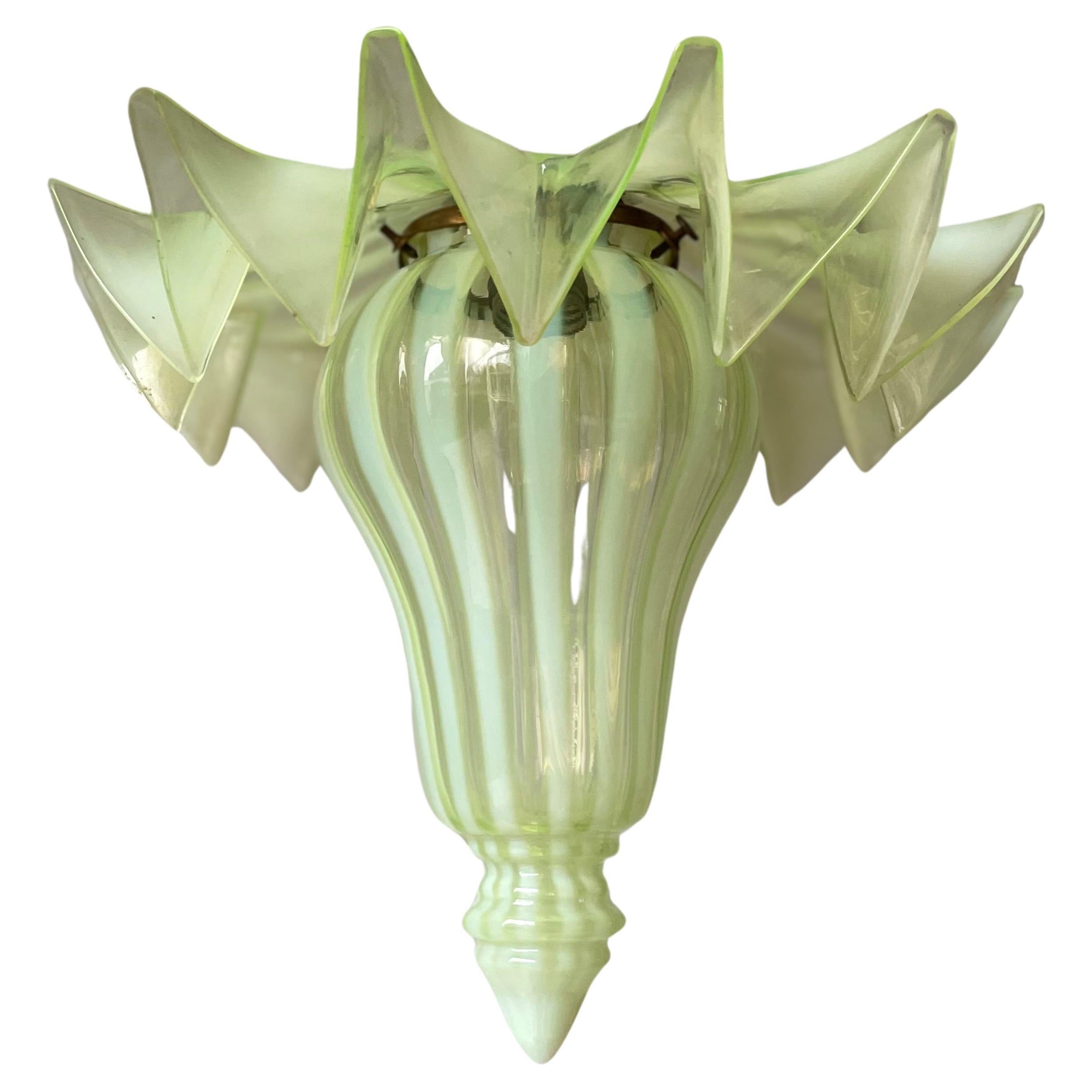 Antique French Art Deco Lime Striped Glass Pendant, circa 1910s For Sale