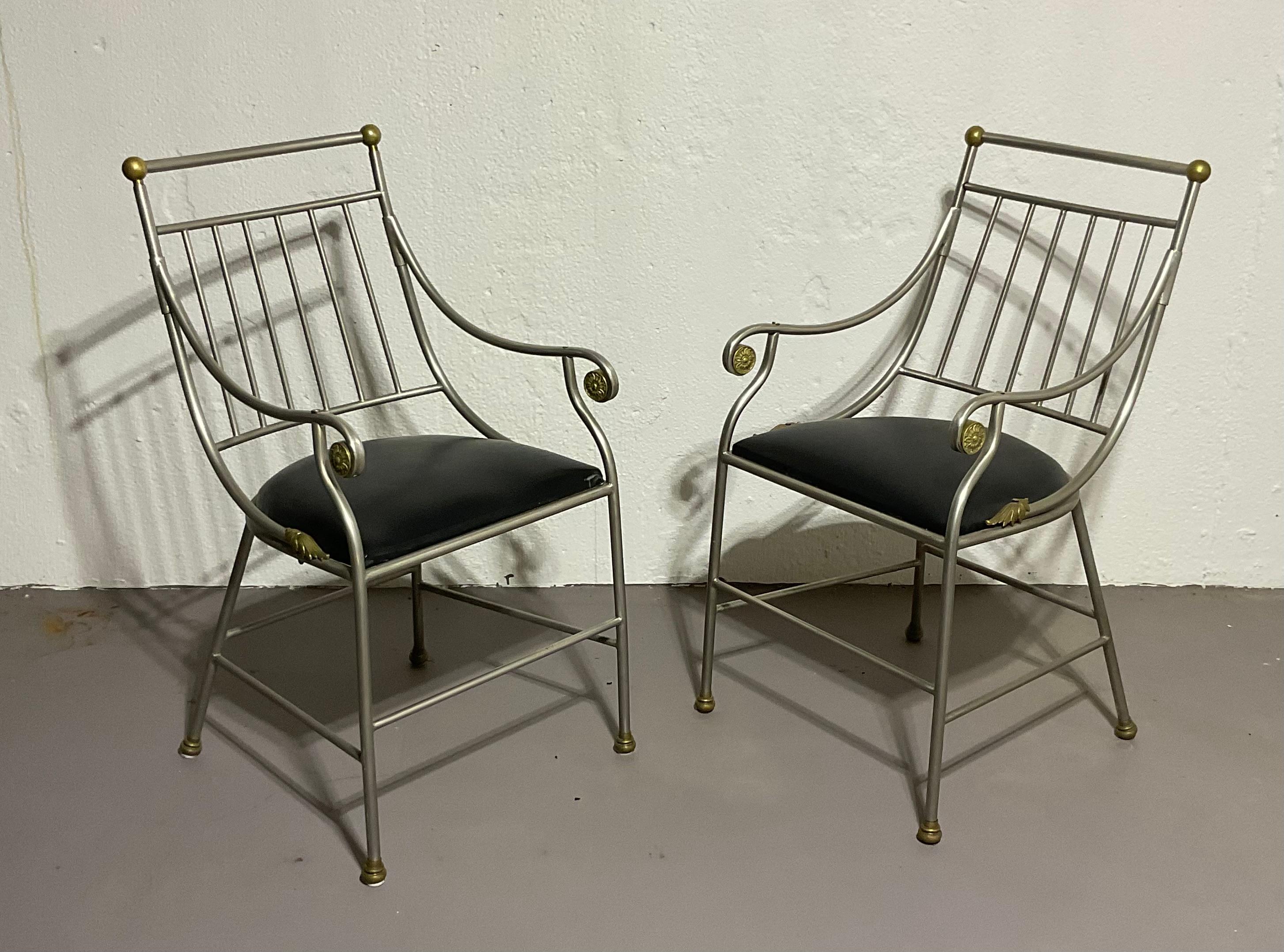 French Antique Art Deco Pair of Steel chairs with gilt decoration highlights  For Sale 6