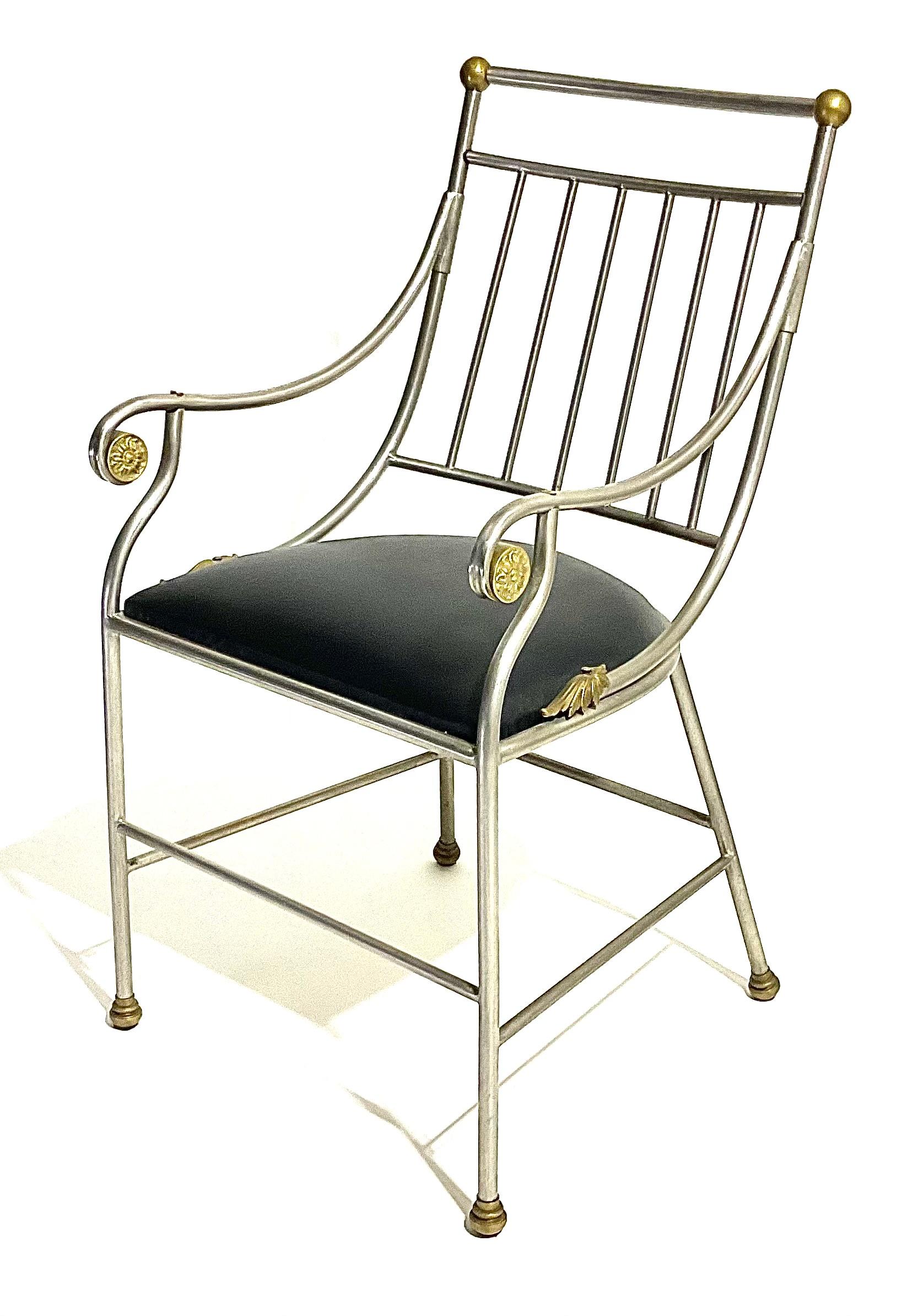 French Antique Art Deco Pair of Steel chairs with gilt decoration highlights In gold. Spectacular pair of chairs. We have another pair listed if you need 4. 