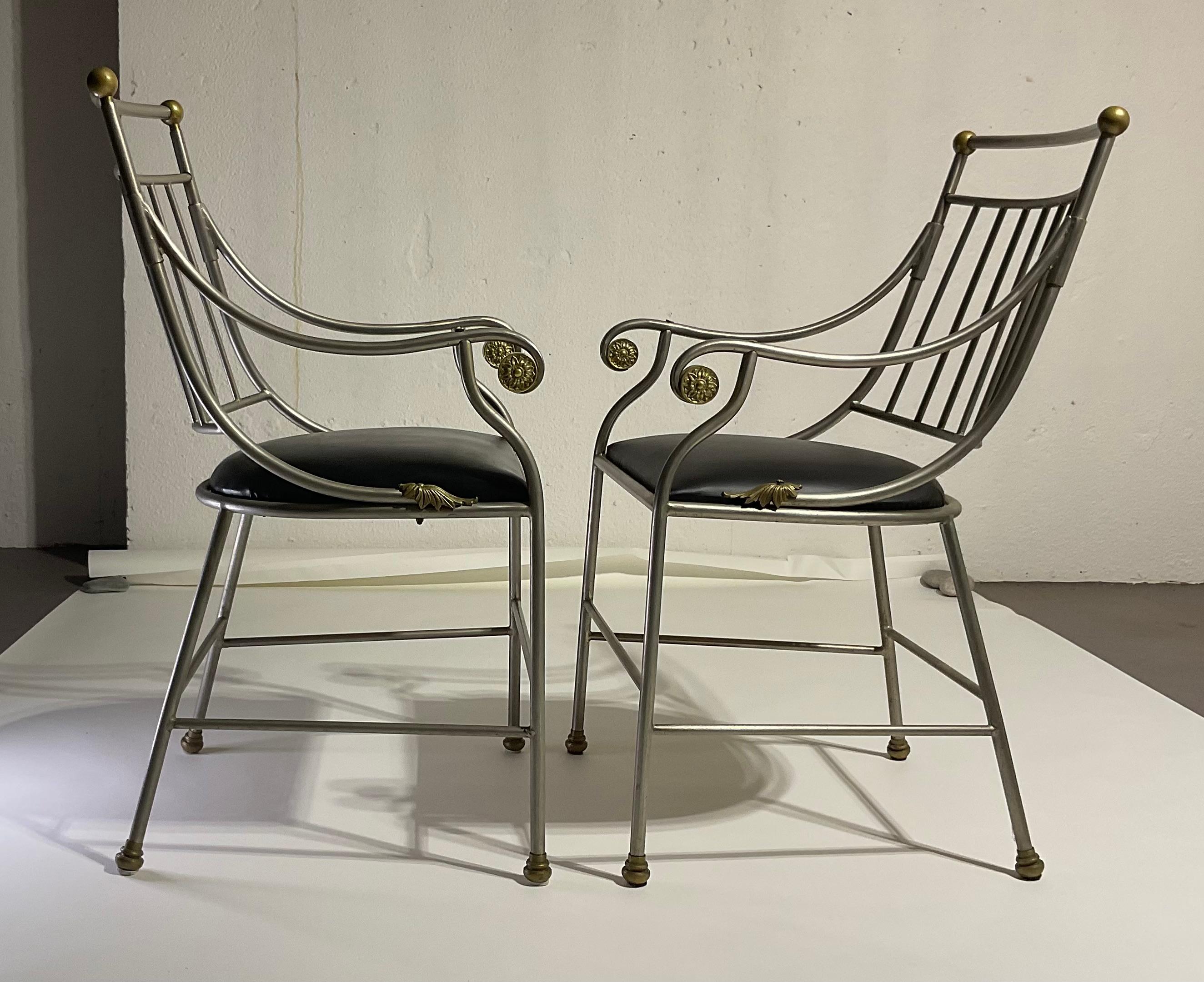 Early 20th Century French Antique Art Deco Pair of Steel chairs with gilt decoration highlights  For Sale