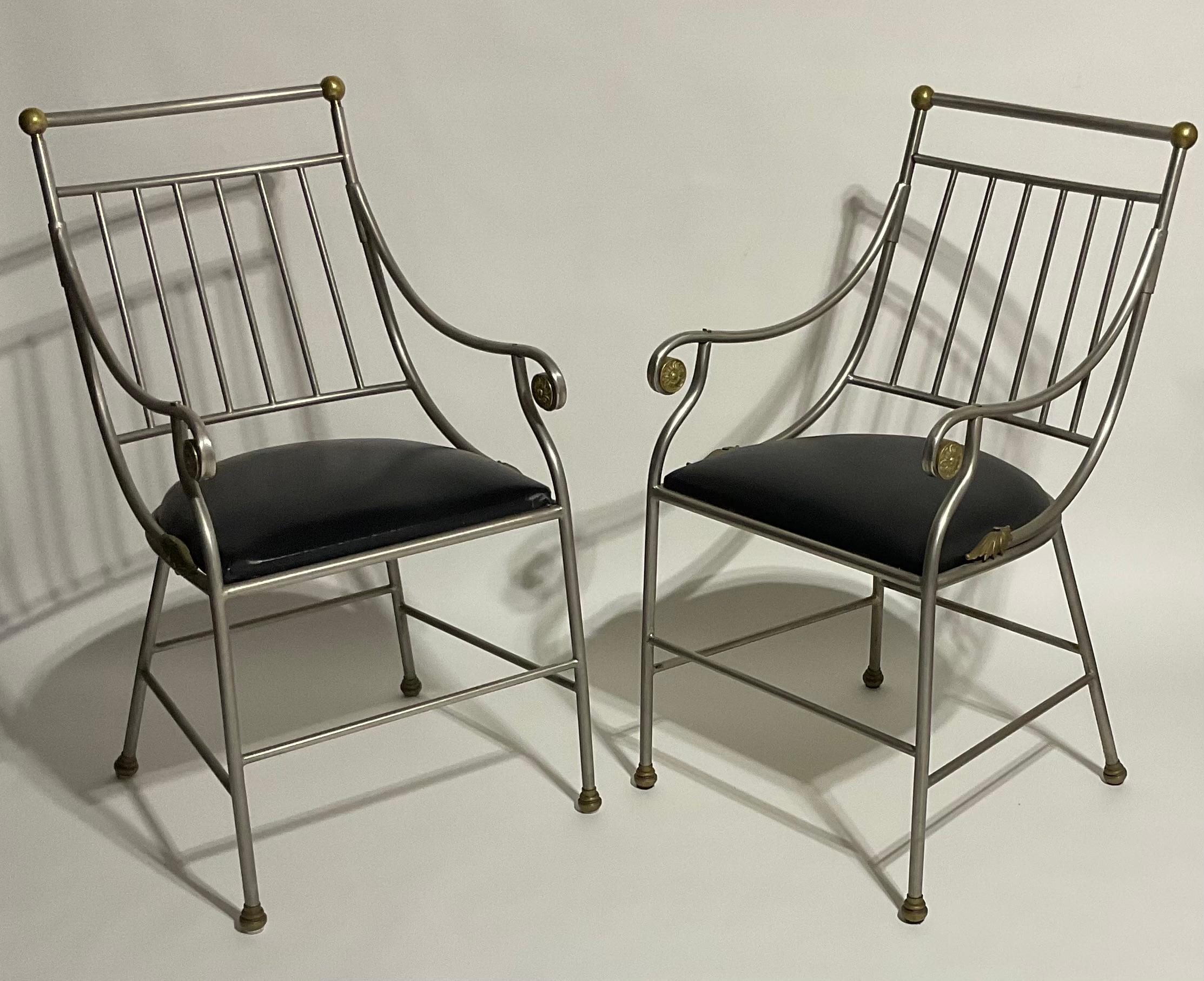 French Antique Art Deco Pair of Steel chairs with gilt decoration highlights  For Sale 1