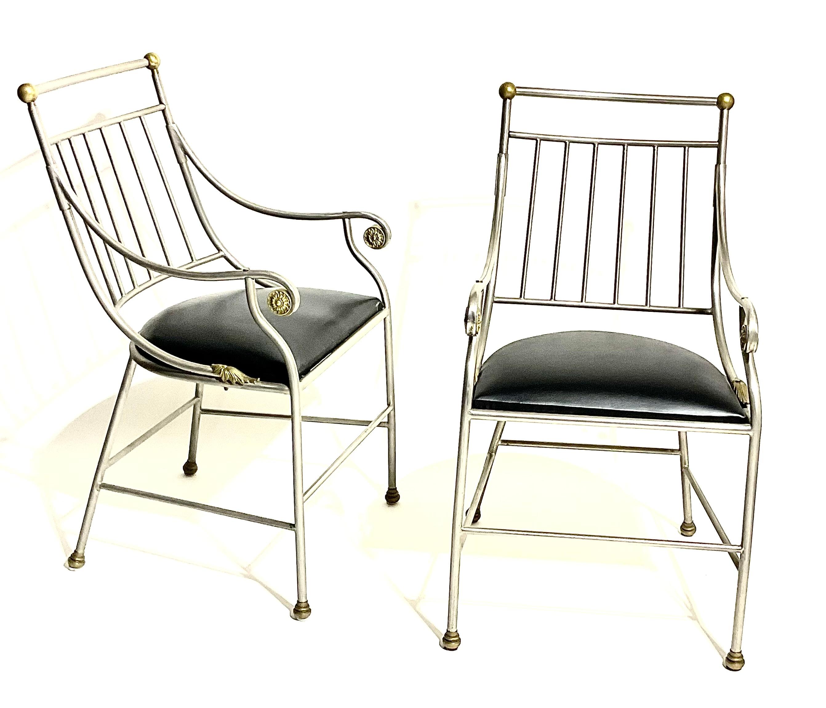 French Antique Art Deco Pair of Steel chairs with gilt decoration highlights  For Sale 2