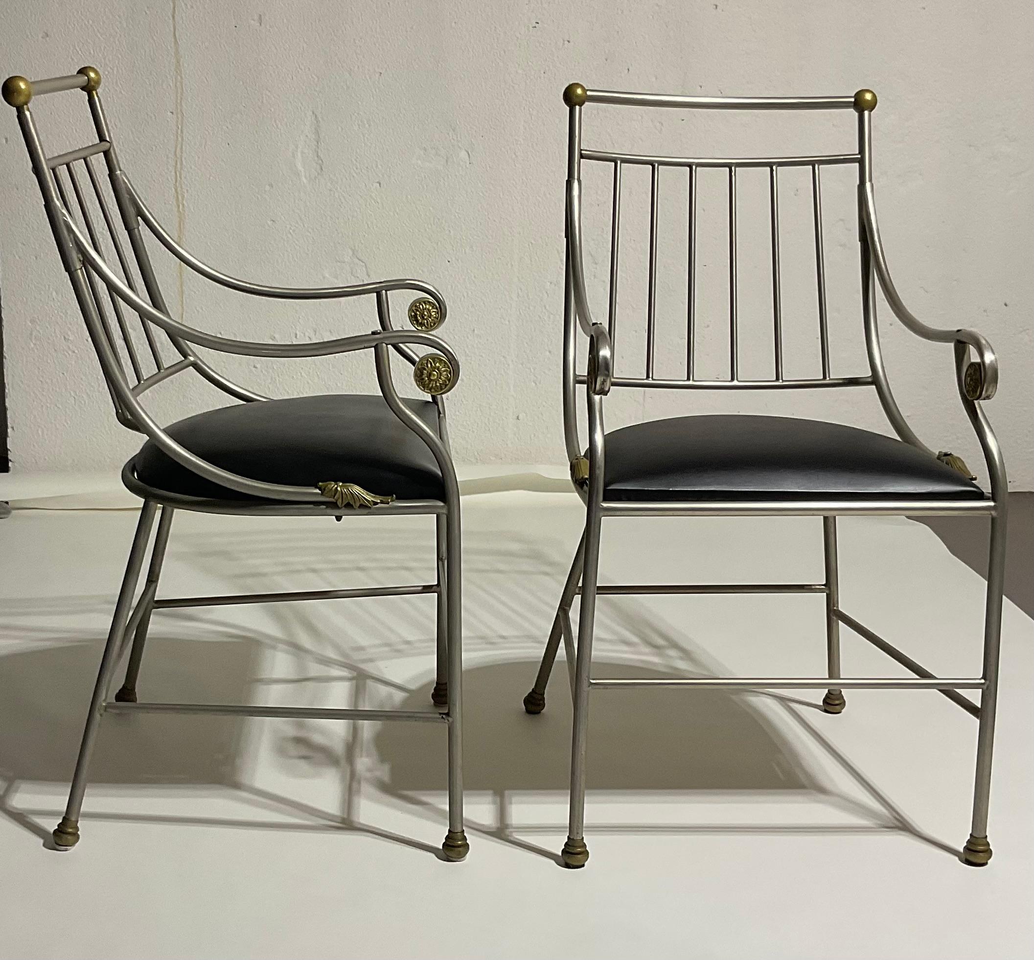 French Antique Art Deco Pair of Steel chairs with gilt decoration highlights  For Sale 3