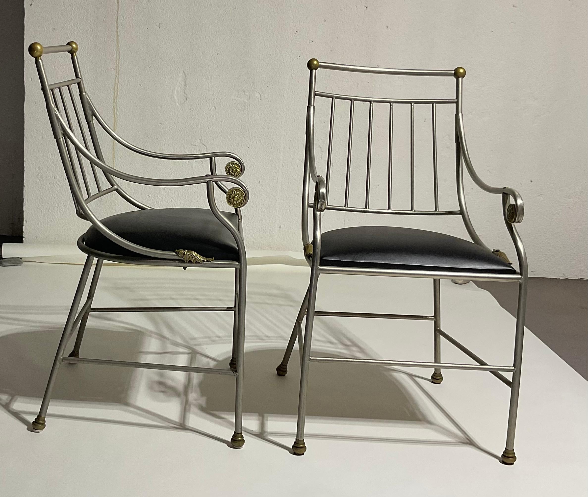 French Antique Art Deco Pair of Steel chairs with gilt decoration highlights  For Sale 4