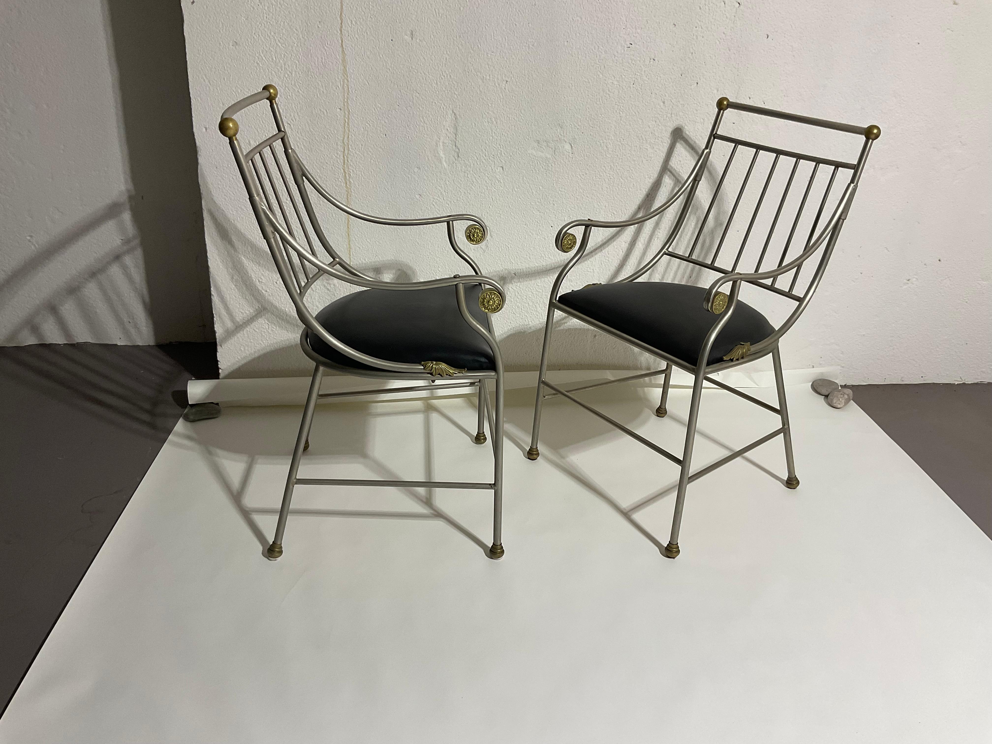 French Antique Art Deco Pair of Steel chairs with gilt decoration highlights  For Sale 5