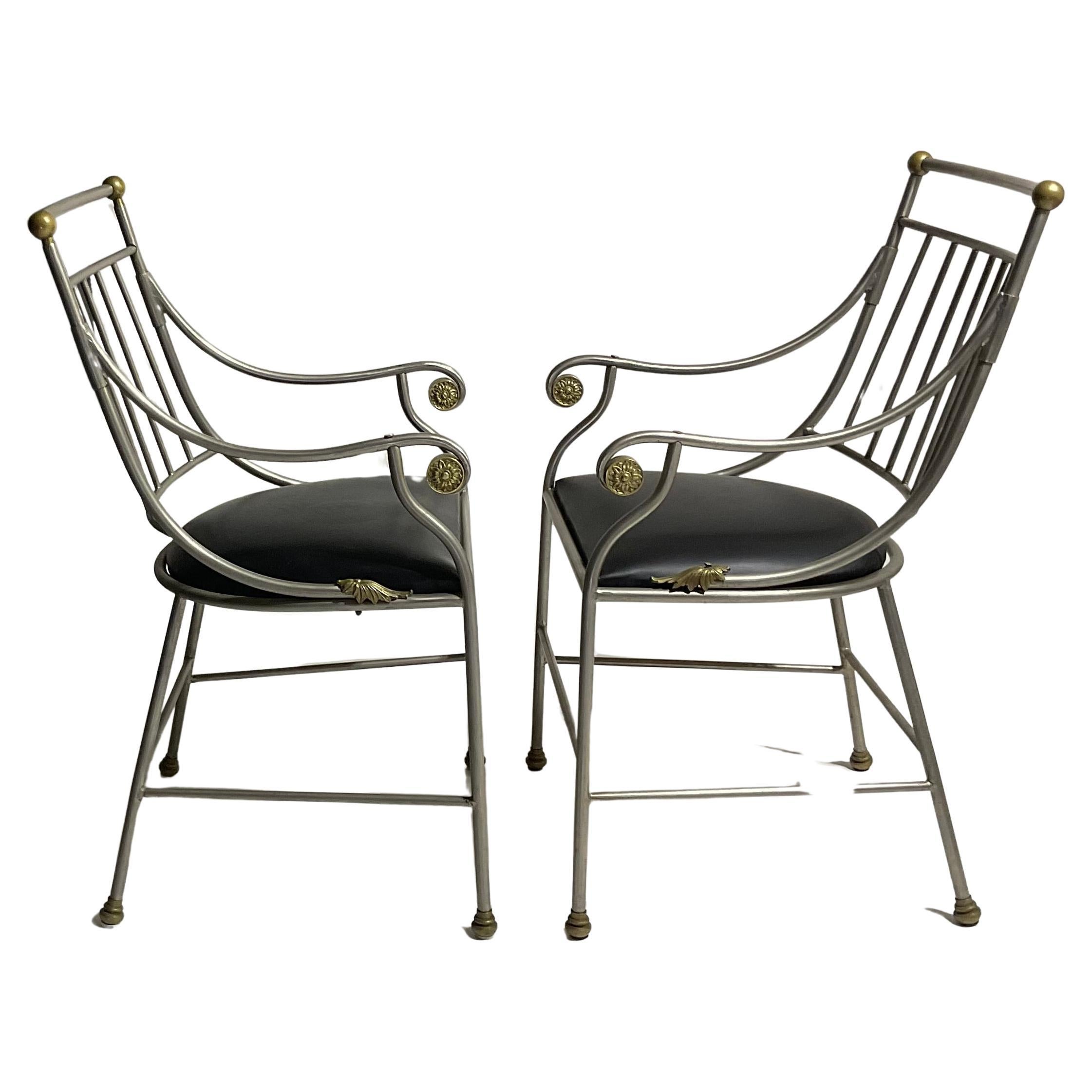 French Antique Art Deco Pair of Steel chairs with gilt decoration highlights  For Sale