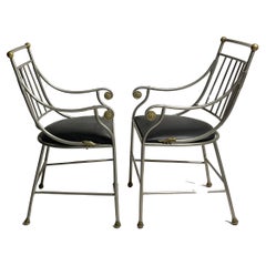 French Antique Art Deco Pair of Steel chairs with gilt decoration highlights 