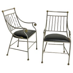 French Antique Art Deco Pair of Steel chairs with gilt decoration highlights 