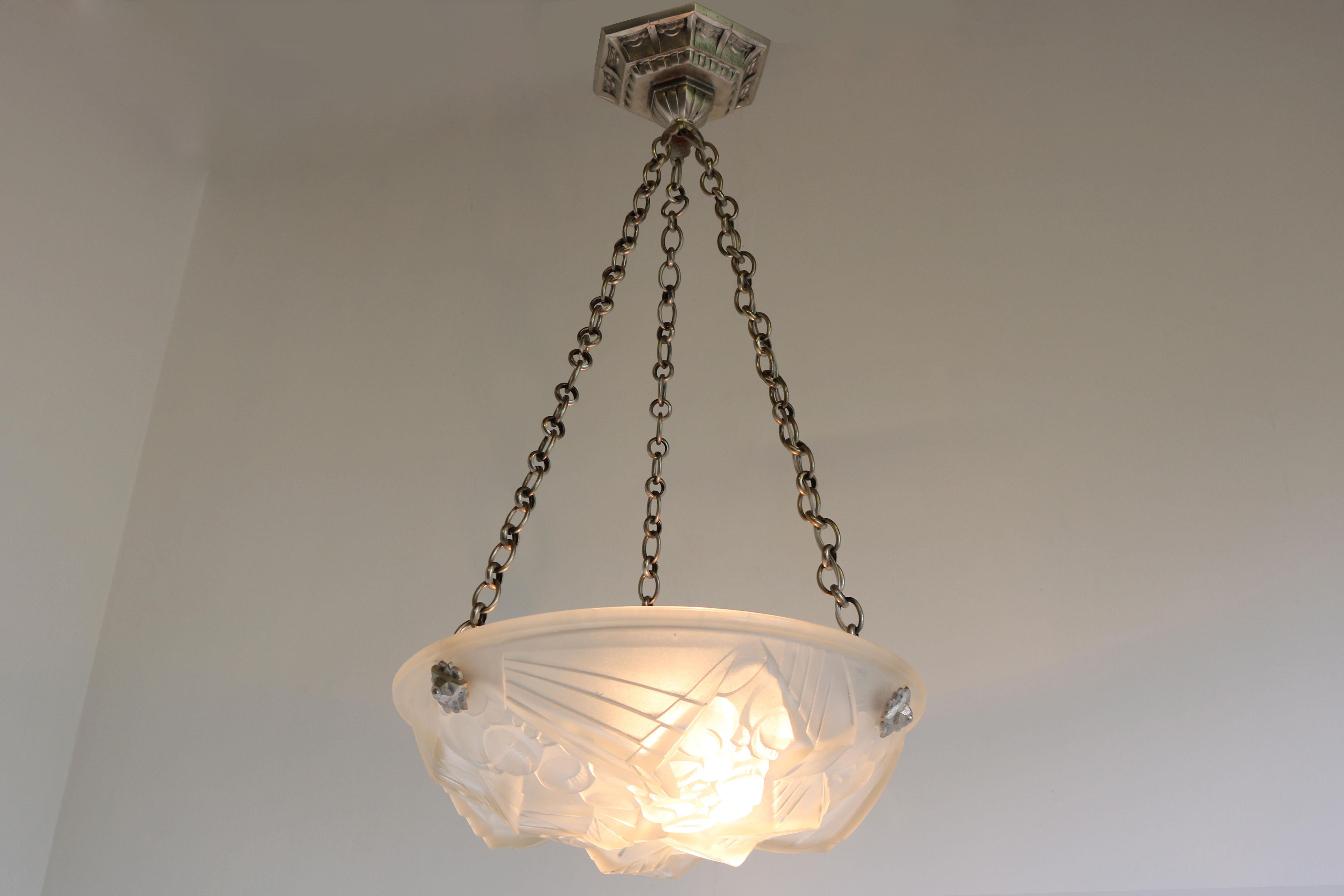 French Antique Art Deco Pendant Light Chandelier by Mouynet Design 1920 White For Sale 4