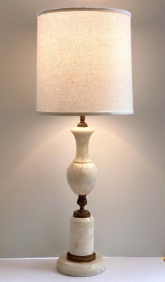 French Antique Art Deco Urn-Shape Chased Bronze White Marble Lamp & Linen Shade