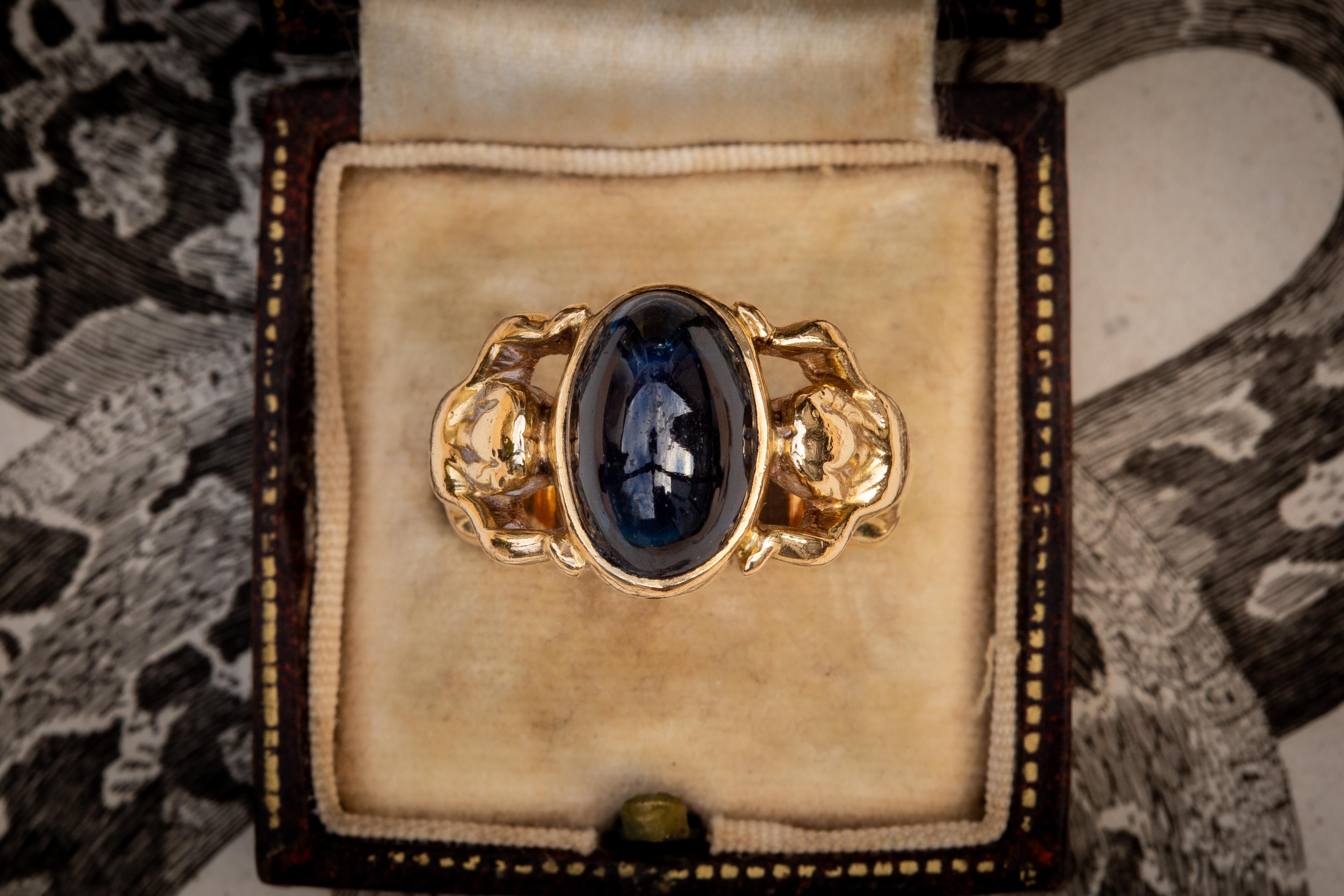 French Antique Art Nouveau 18K Gold Sapphire Cabochon Ring 6