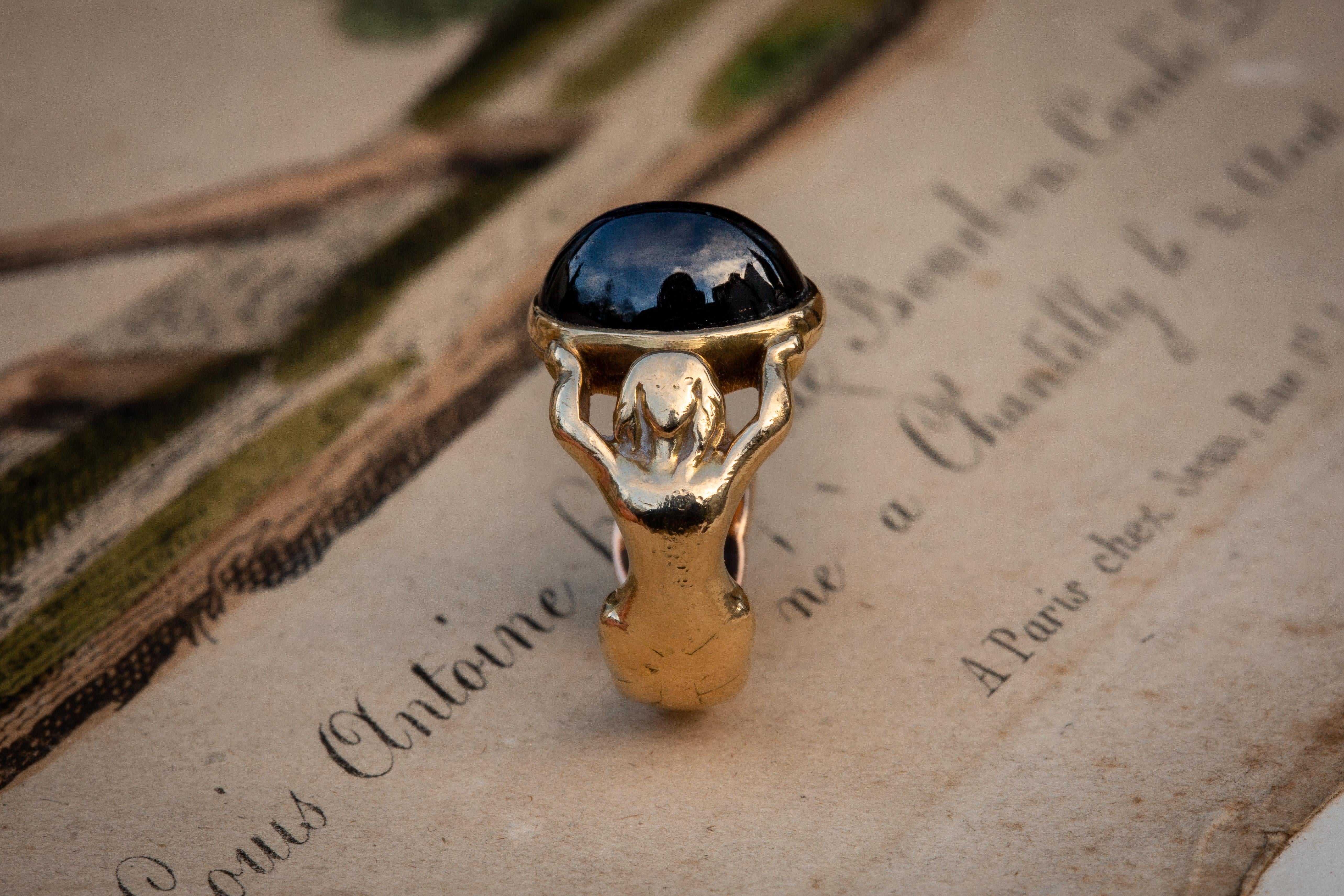French Antique Art Nouveau 18K Gold Sapphire Cabochon Ring 1