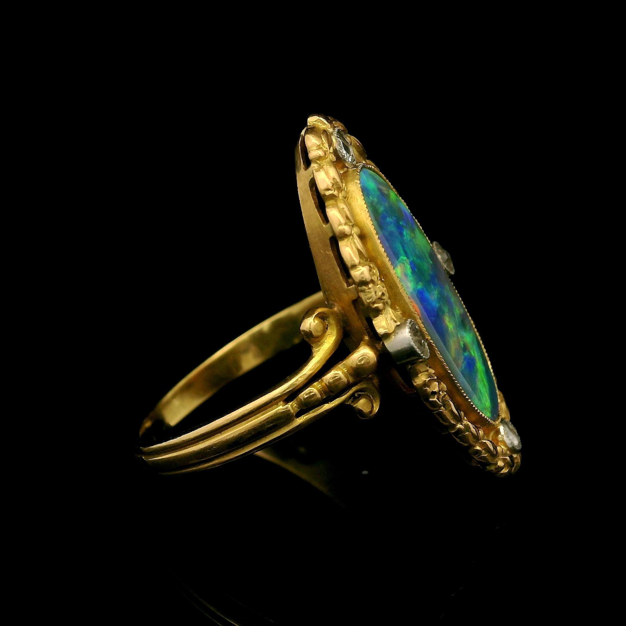 French Antique Art Nouveau Gold GIA Black Opal & Diamond Repousse Navette Ring For Sale 6