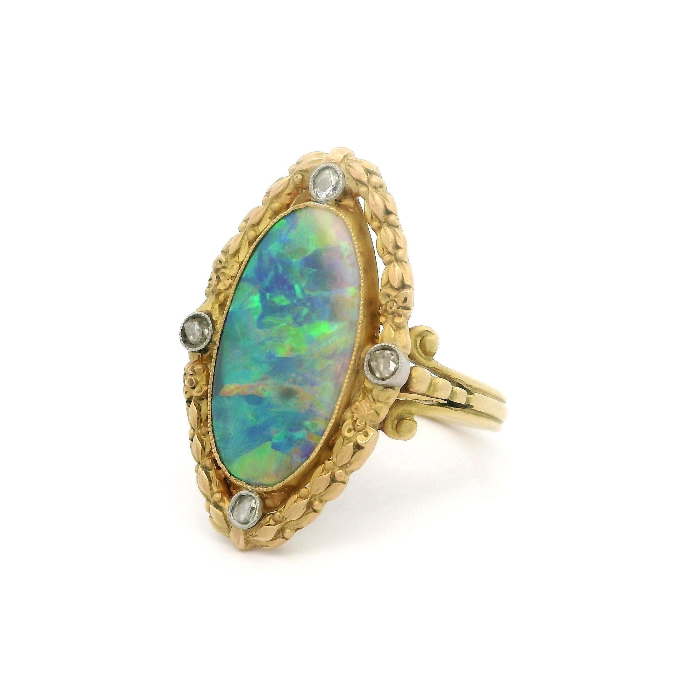 French Antique Art Nouveau Gold GIA Black Opal & Diamond Repousse Navette Ring For Sale 7