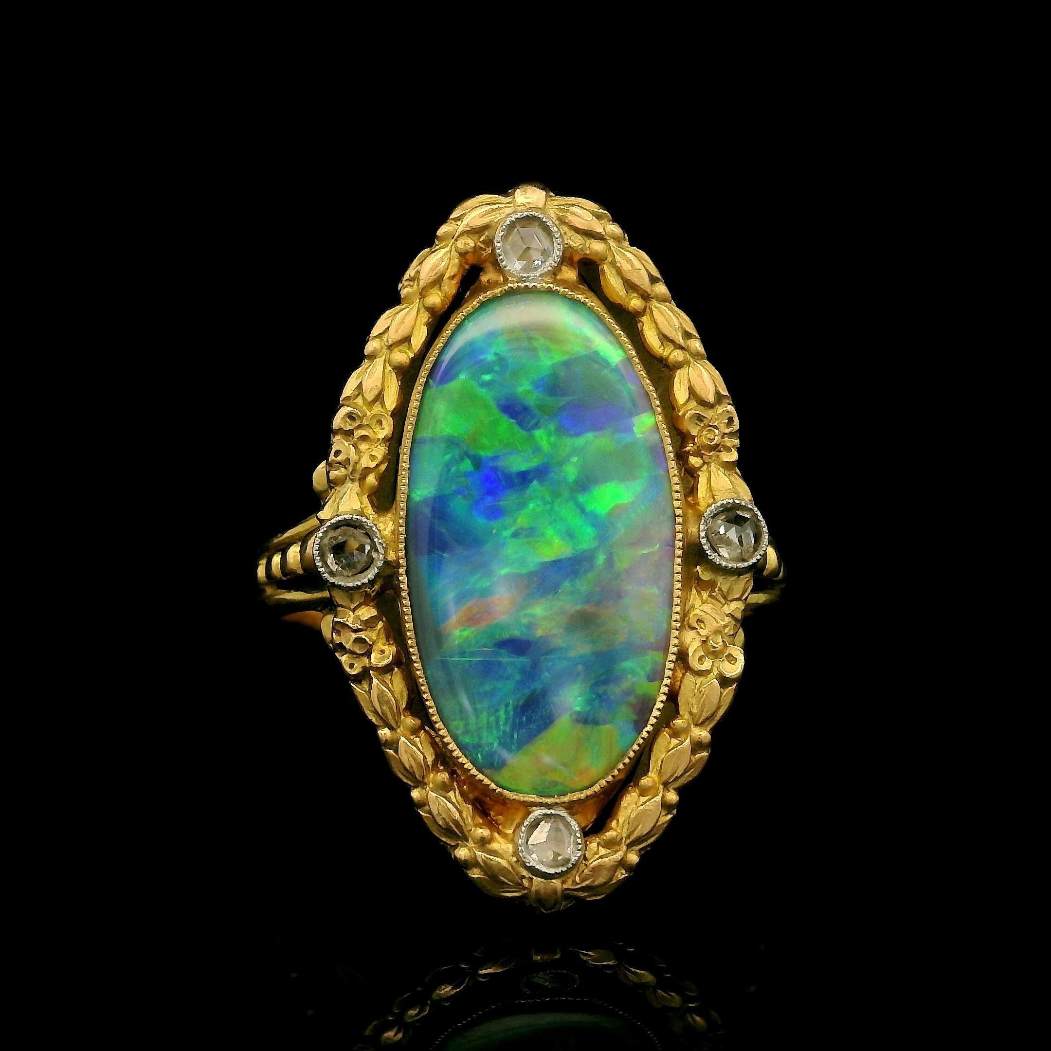 French Antique Art Nouveau Gold GIA Black Opal & Diamond Repousse Navette Ring For Sale 8