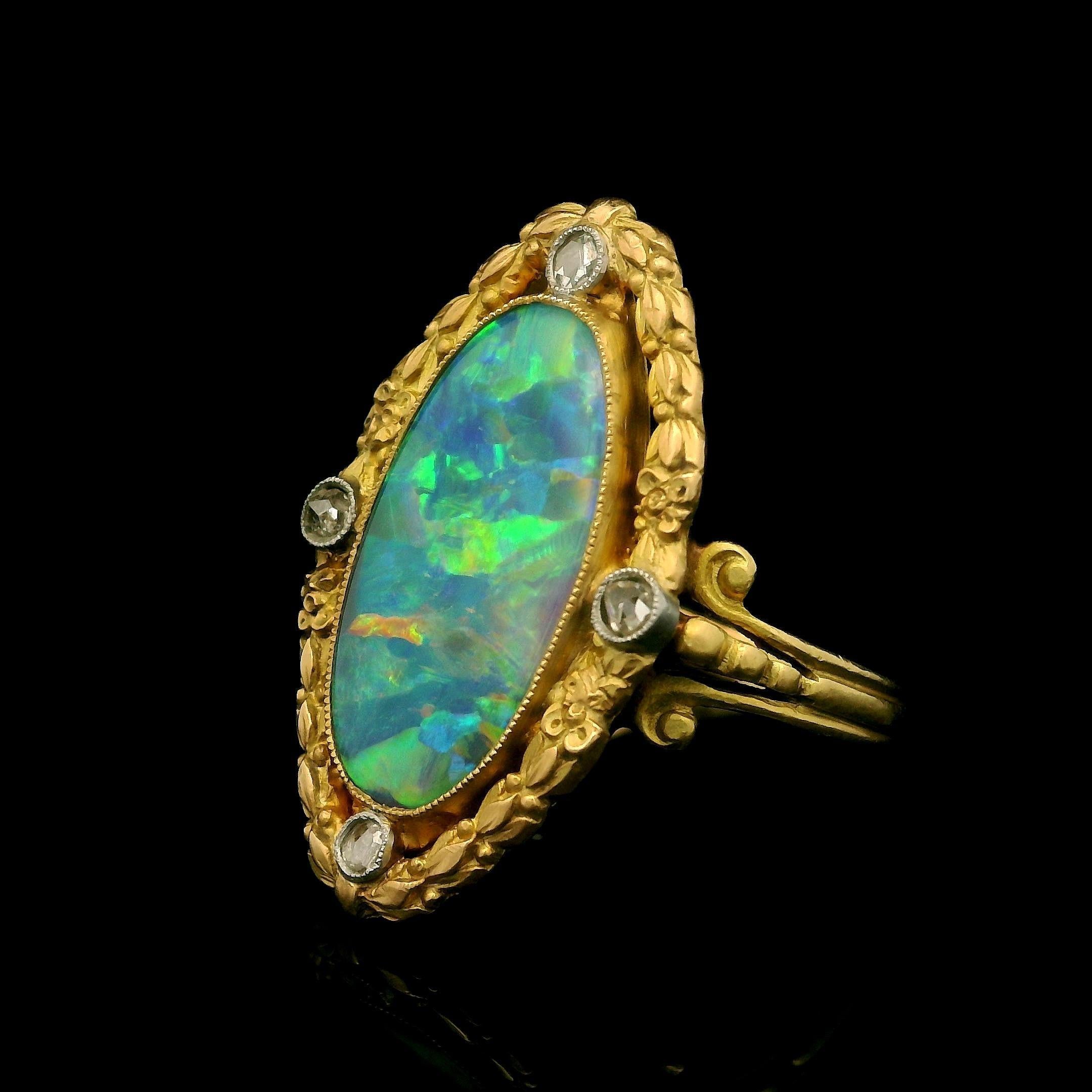 French Antique Art Nouveau Gold GIA Black Opal & Diamond Repousse Navette Ring For Sale 9