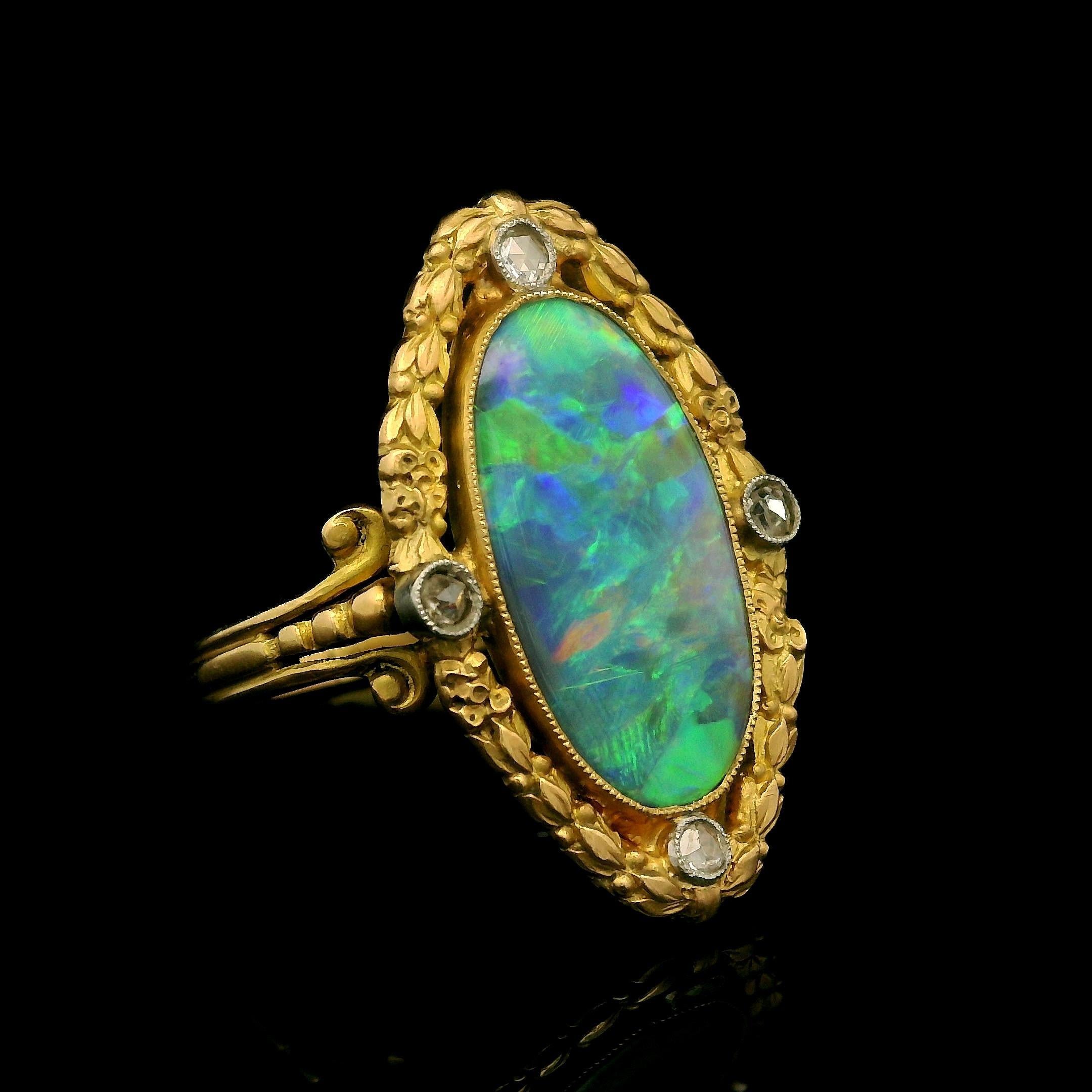 French Antique Art Nouveau Gold GIA Black Opal & Diamond Repousse Navette Ring For Sale 10